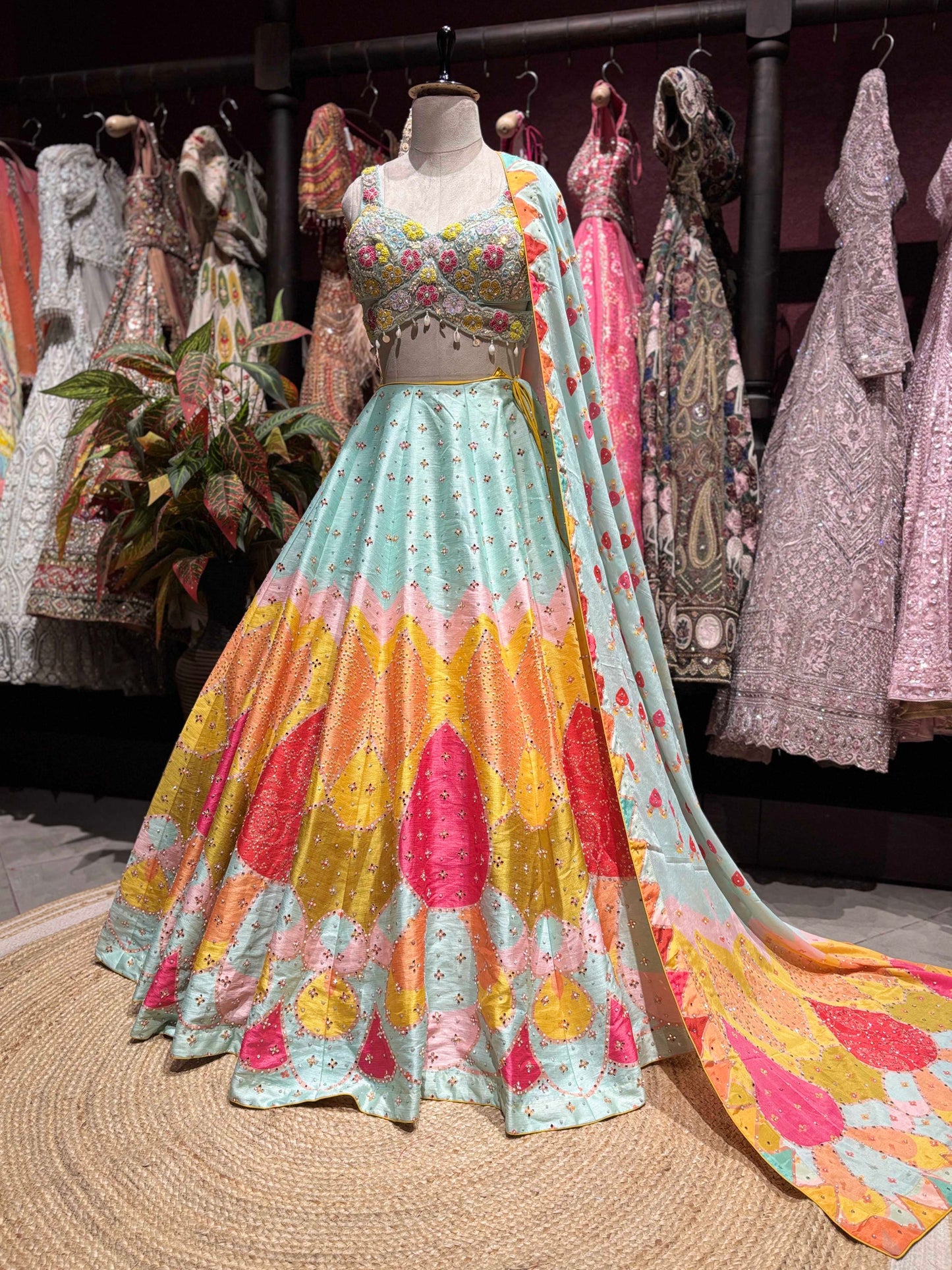 Multicolor Lotus Lehenga with Floral Embellished Blouse & Dupatta