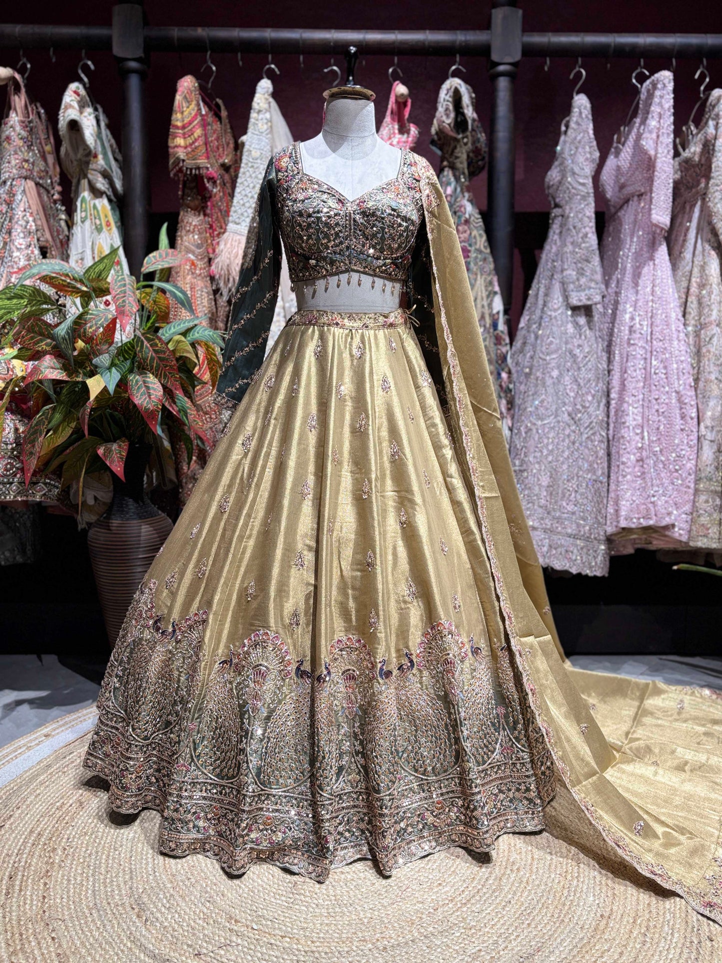 Gold Peacock Embroidered Lehenga with Embellished Blouse & Dupatta