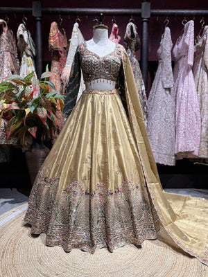 Gold Peacock Embroidered Lehenga with Embellished Blouse & Dupatta