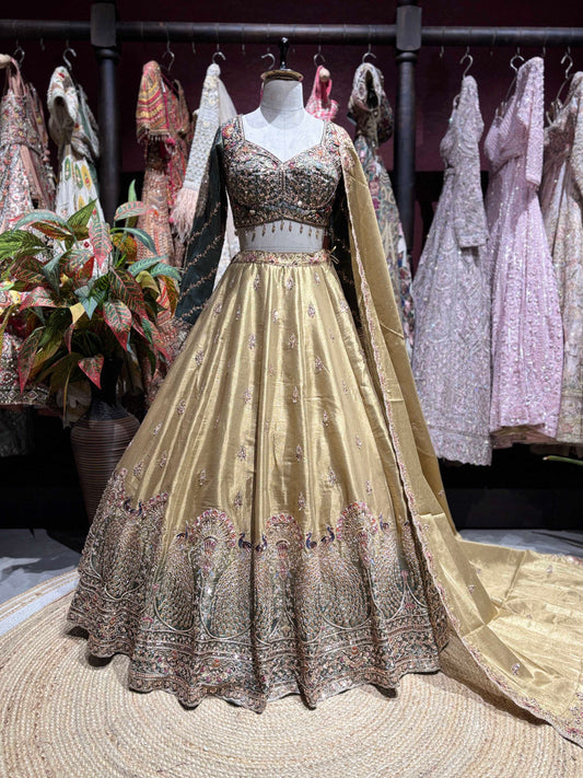 Gold Peacock Embroidered Lehenga with Embellished Blouse & Dupatta
