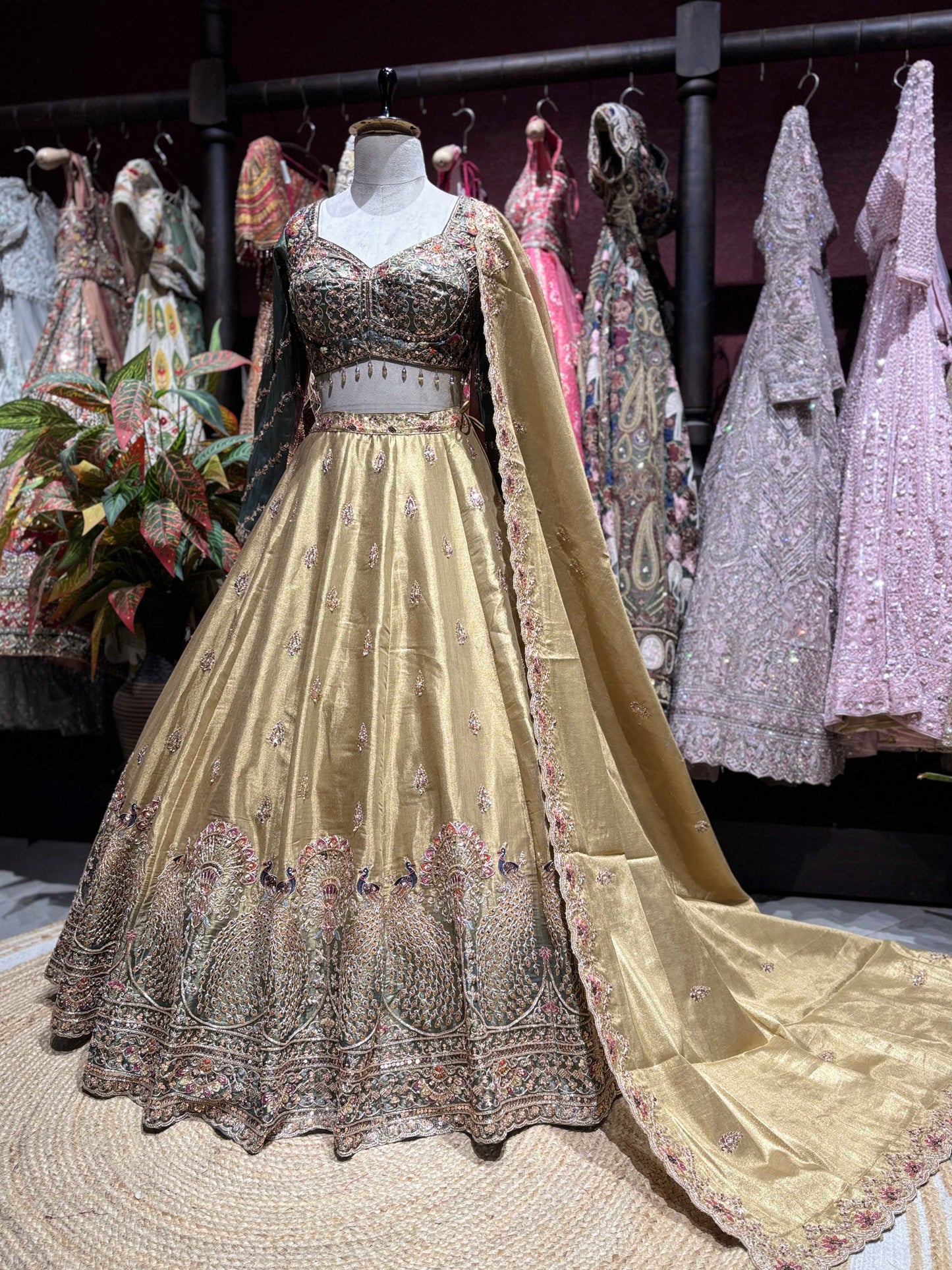Gold Peacock Embroidered Lehenga with Embellished Blouse & Dupatta