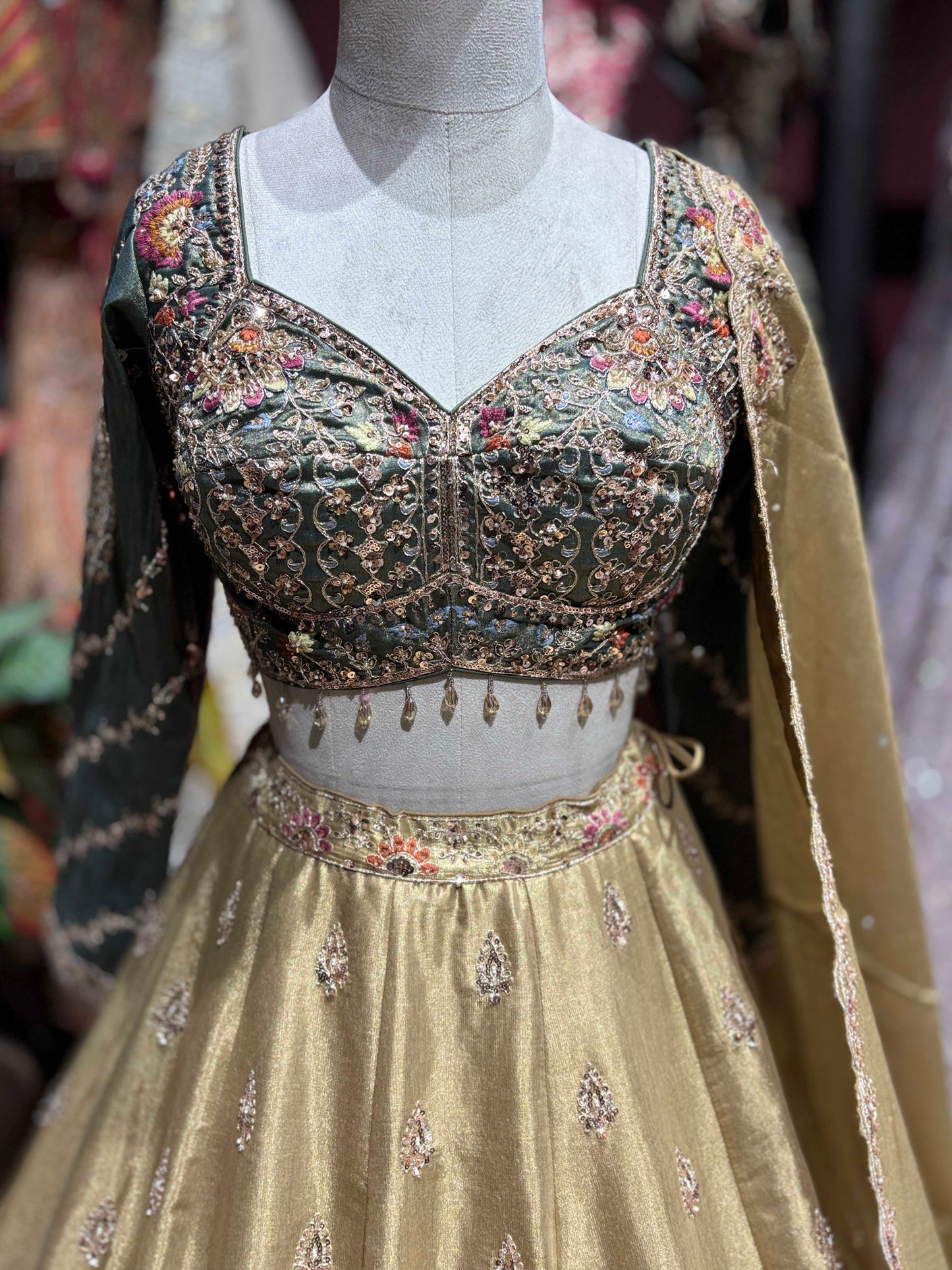 Gold Peacock Embroidered Lehenga with Embellished Blouse & Dupatta