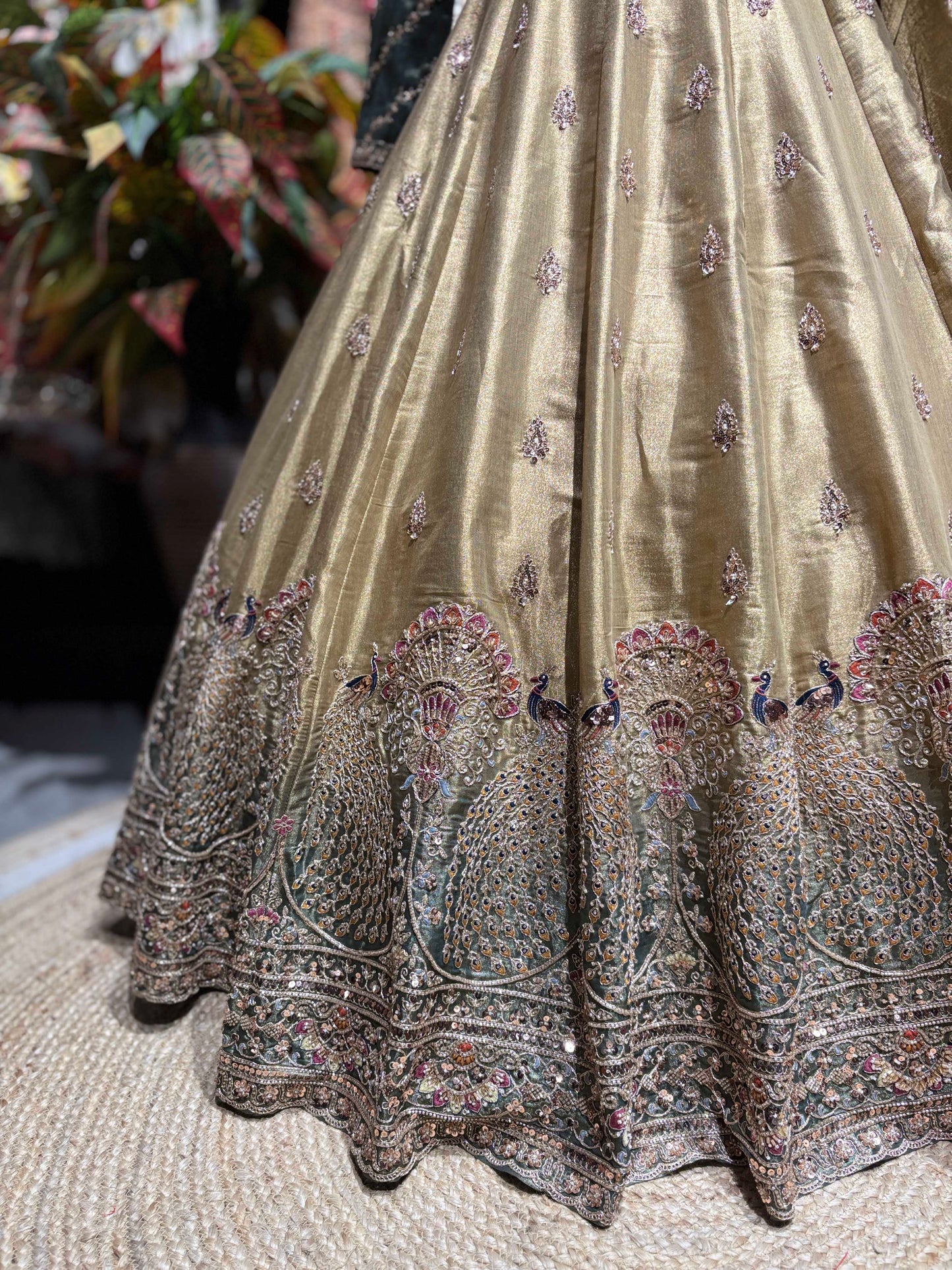 Gold Peacock Embroidered Lehenga with Embellished Blouse & Dupatta