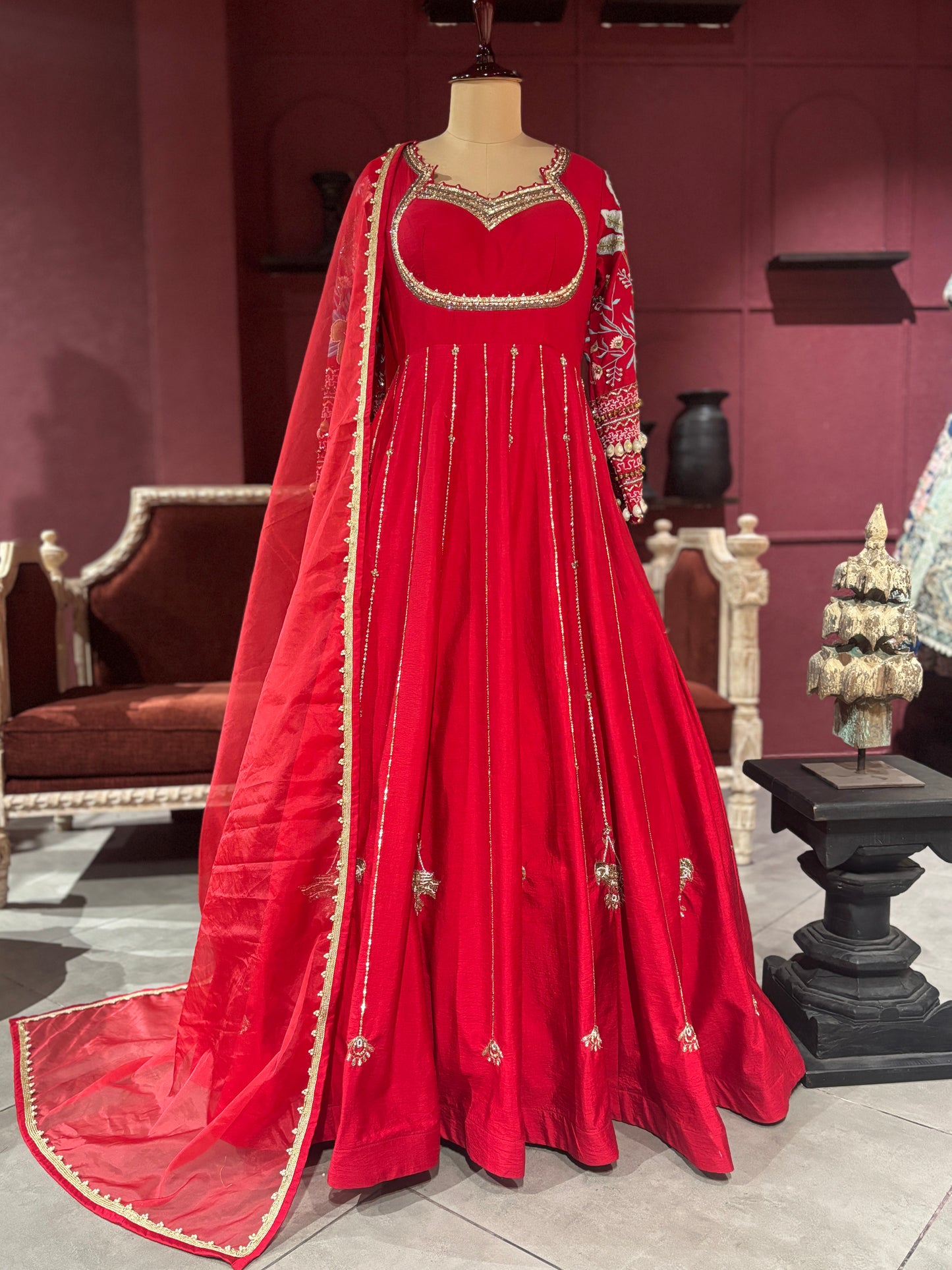 Designer Regal Red Anarkali with Golden Embroidery