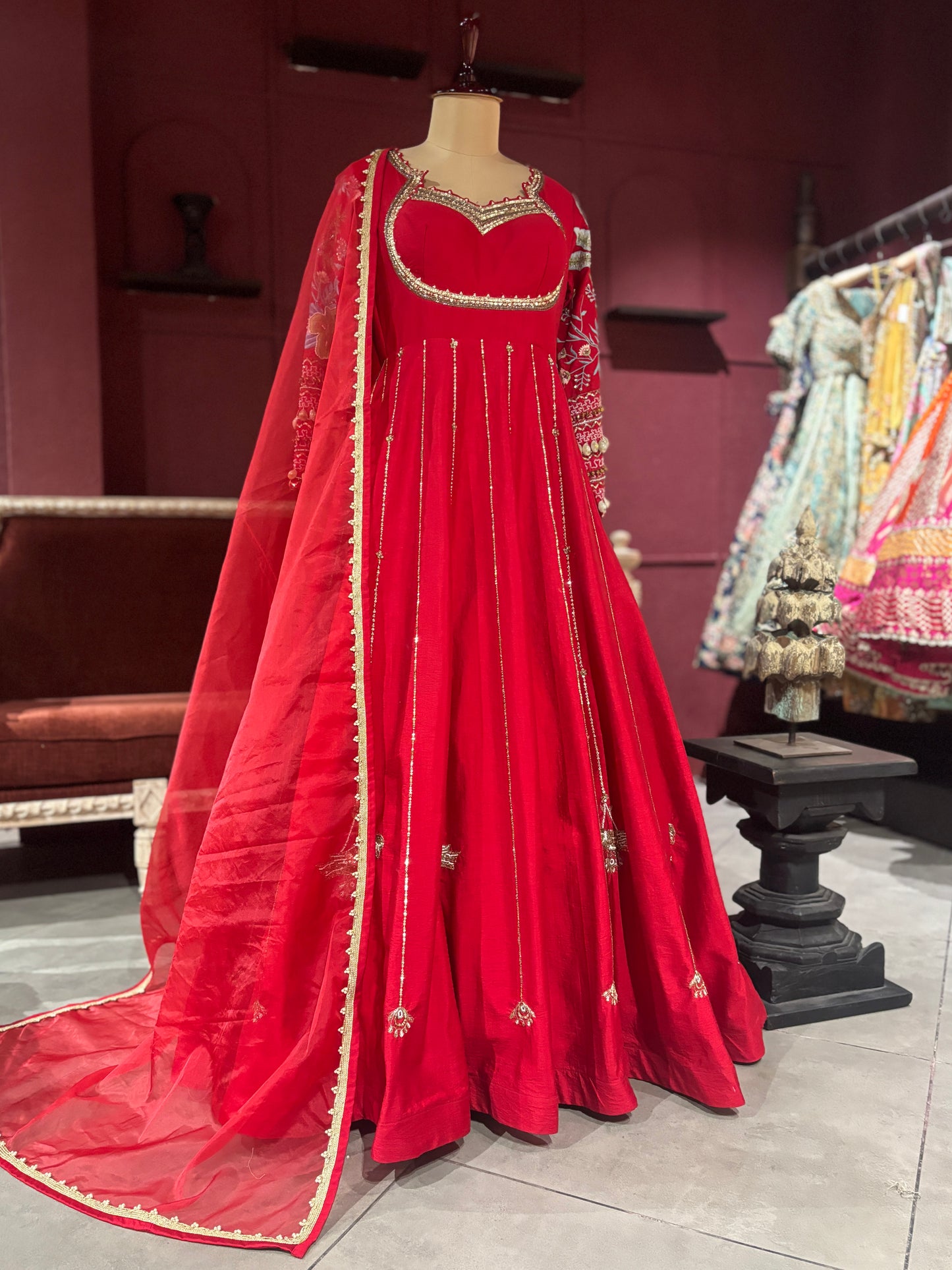 Designer Regal Red Anarkali with Golden Embroidery