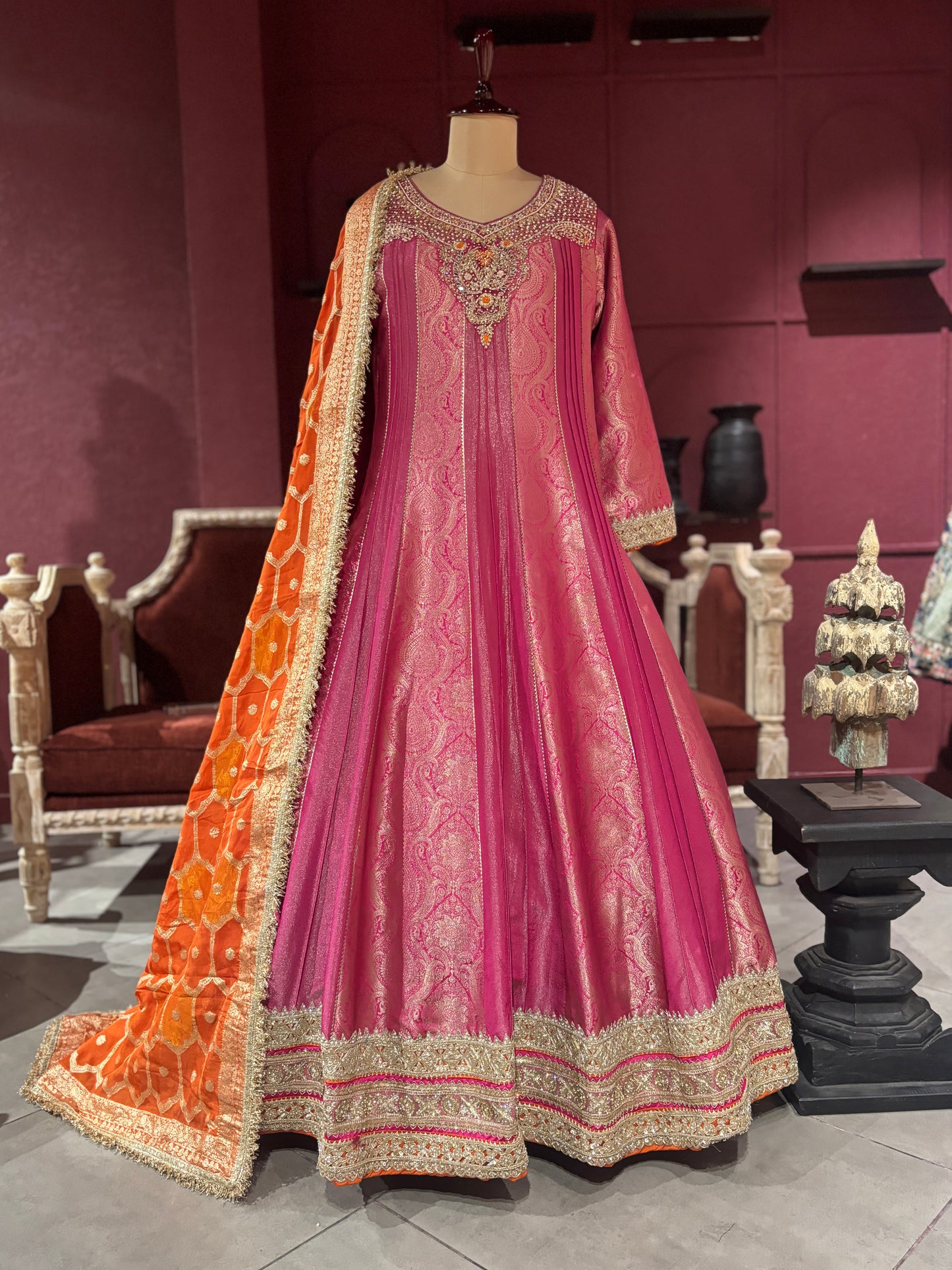 Grand Designer Ornate Pink Anarkali with Orange Dupatta