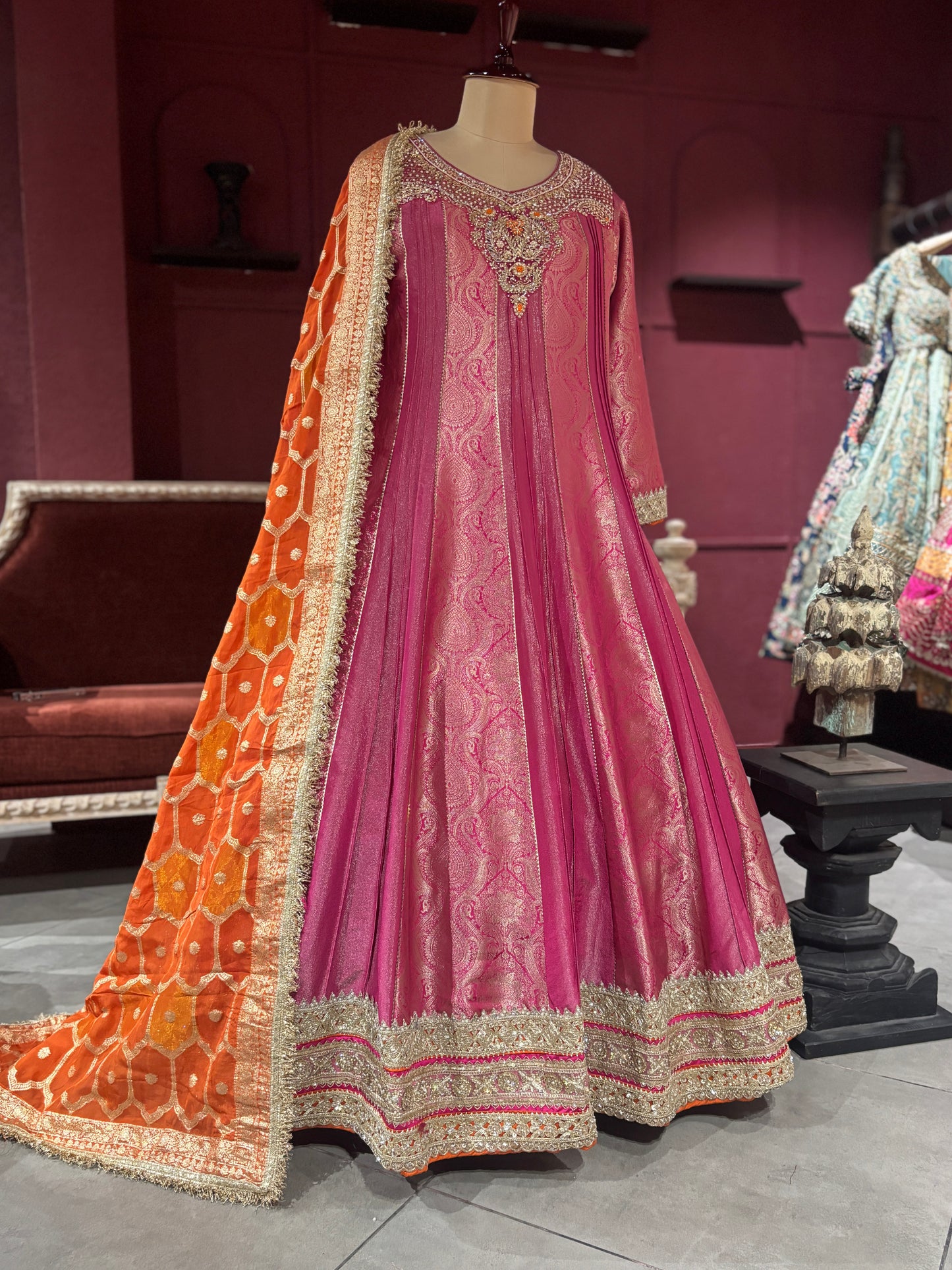 Grand Designer Ornate Pink Anarkali with Orange Dupatta
