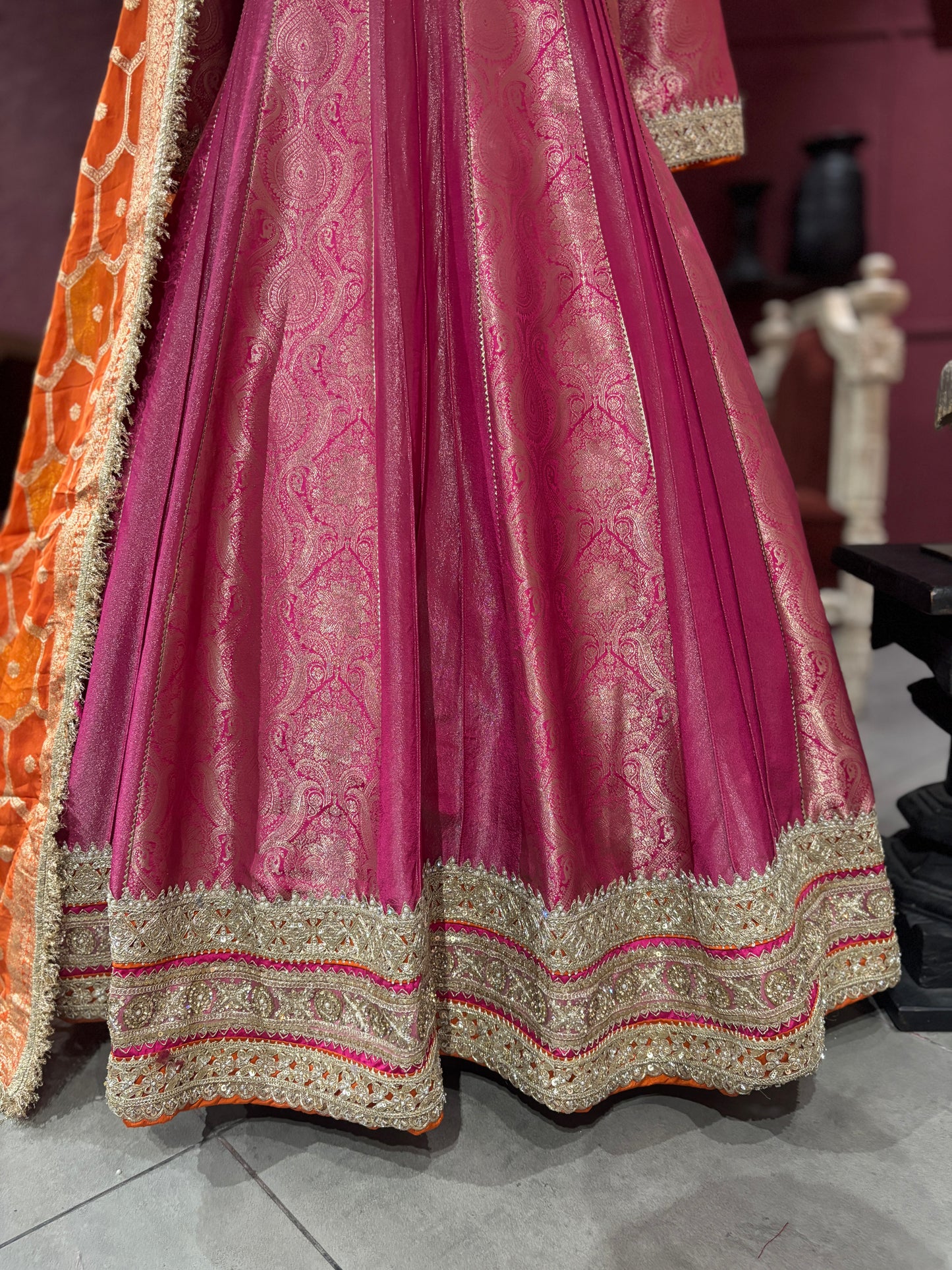 Grand Designer Ornate Pink Anarkali with Orange Dupatta