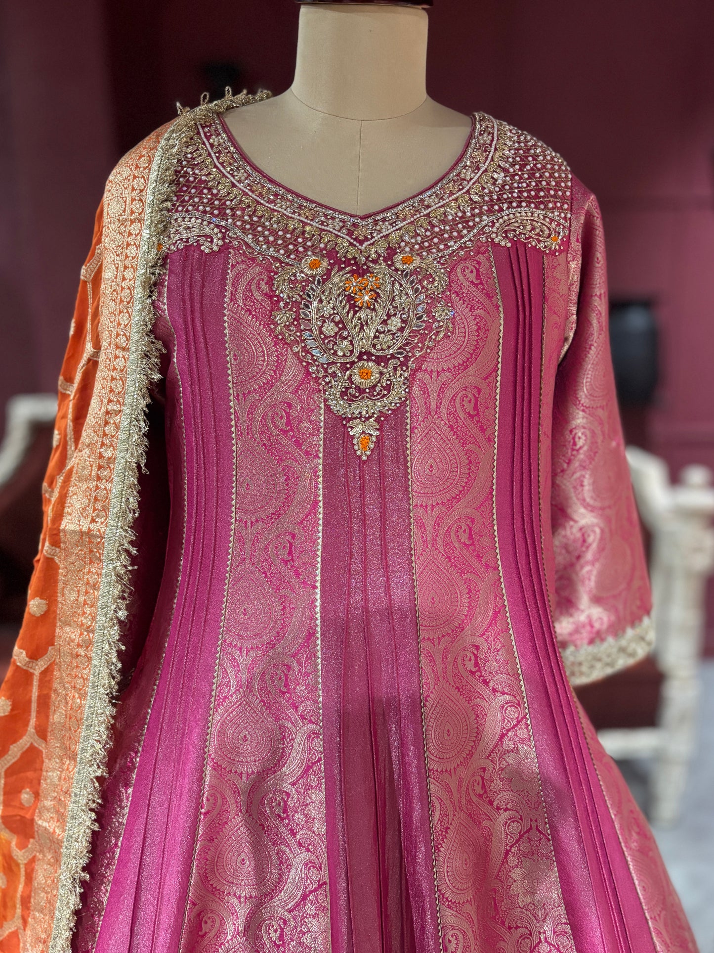 Grand Designer Ornate Pink Anarkali with Orange Dupatta