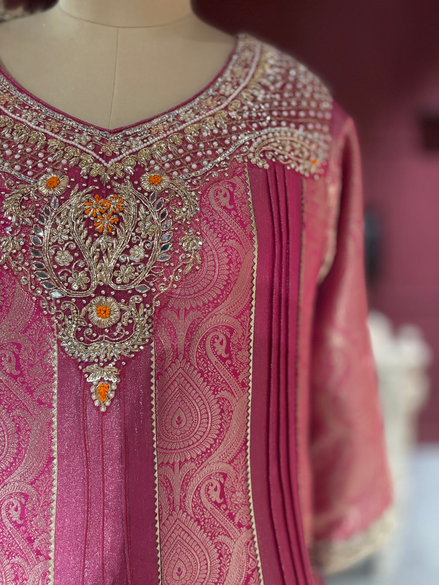 Grand Designer Ornate Pink Anarkali with Orange Dupatta