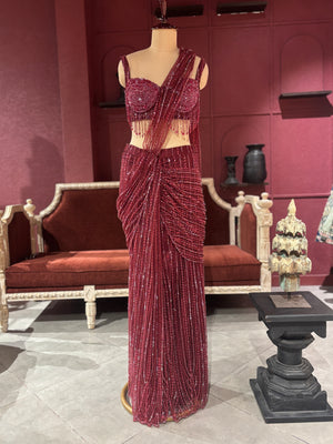 Designer Maroon Drape Saree with Sequined Elegance