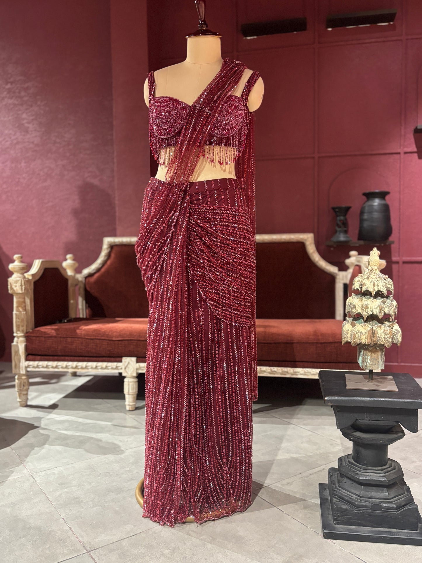 Designer Maroon Drape Saree with Sequined Elegance