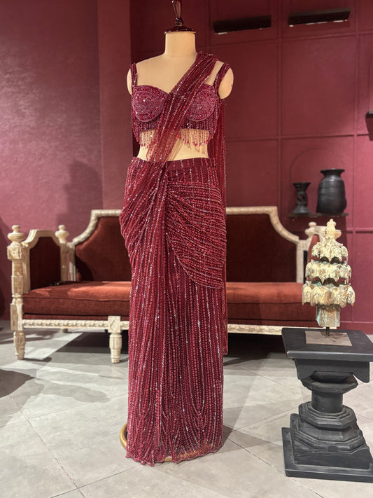 Designer Maroon Drape Saree with Sequined Elegance