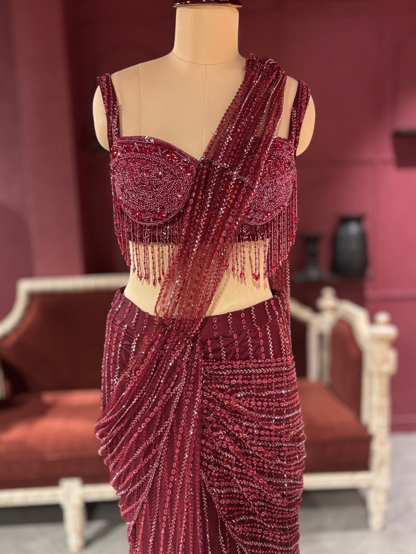 Designer Maroon Drape Saree with Sequined Elegance