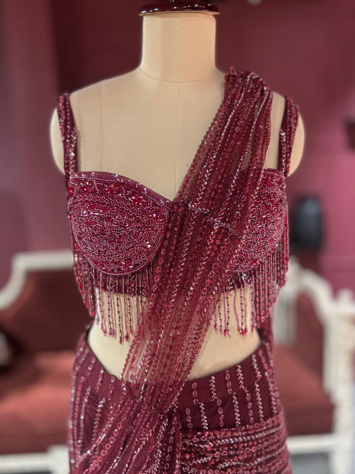 Designer Maroon Drape Saree with Sequined Elegance