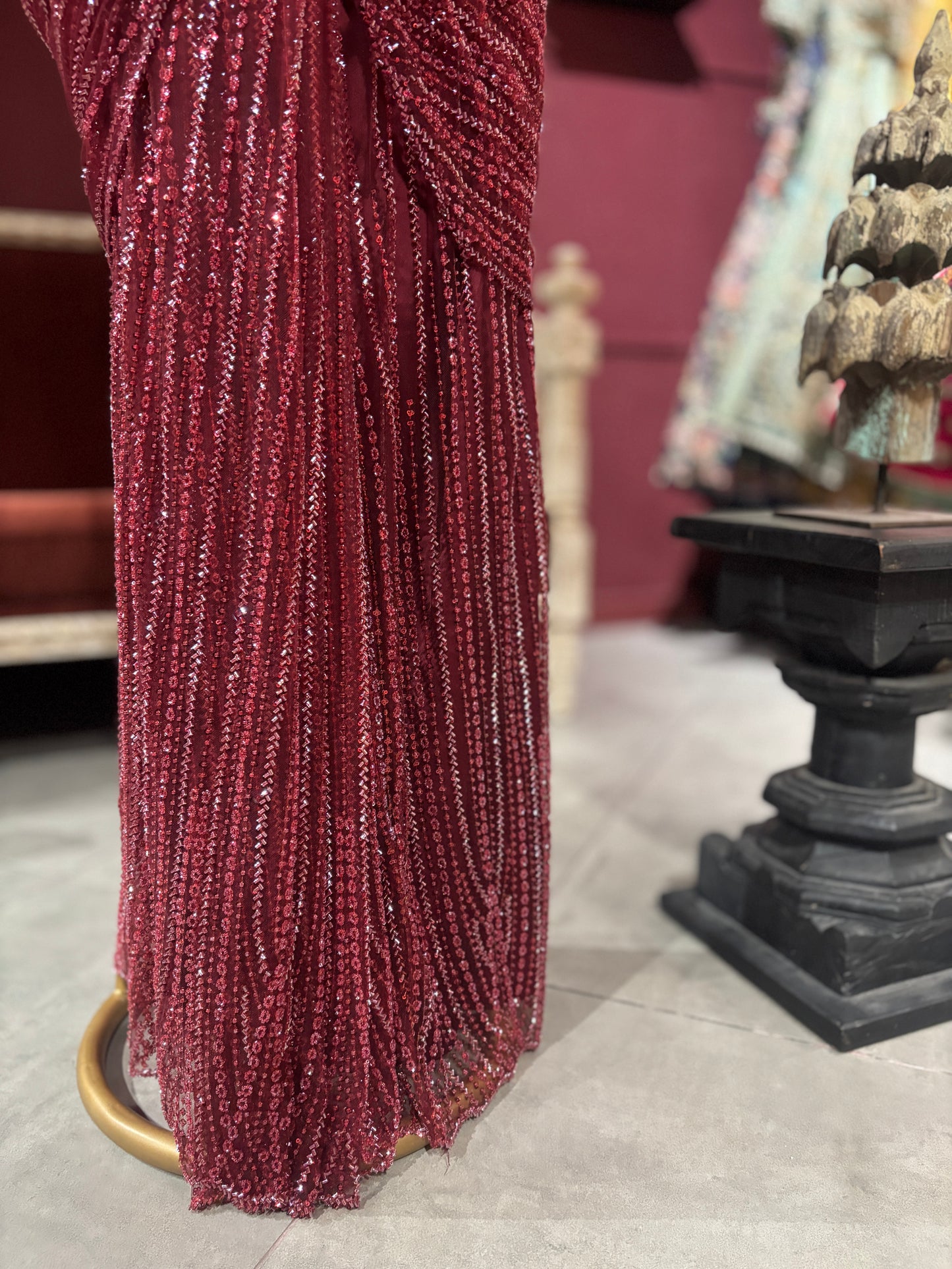 Designer Maroon Drape Saree with Sequined Elegance