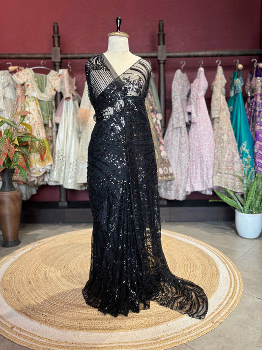 Midnight Black Sequin Embroidered Net Saree – Elegant Party Wear