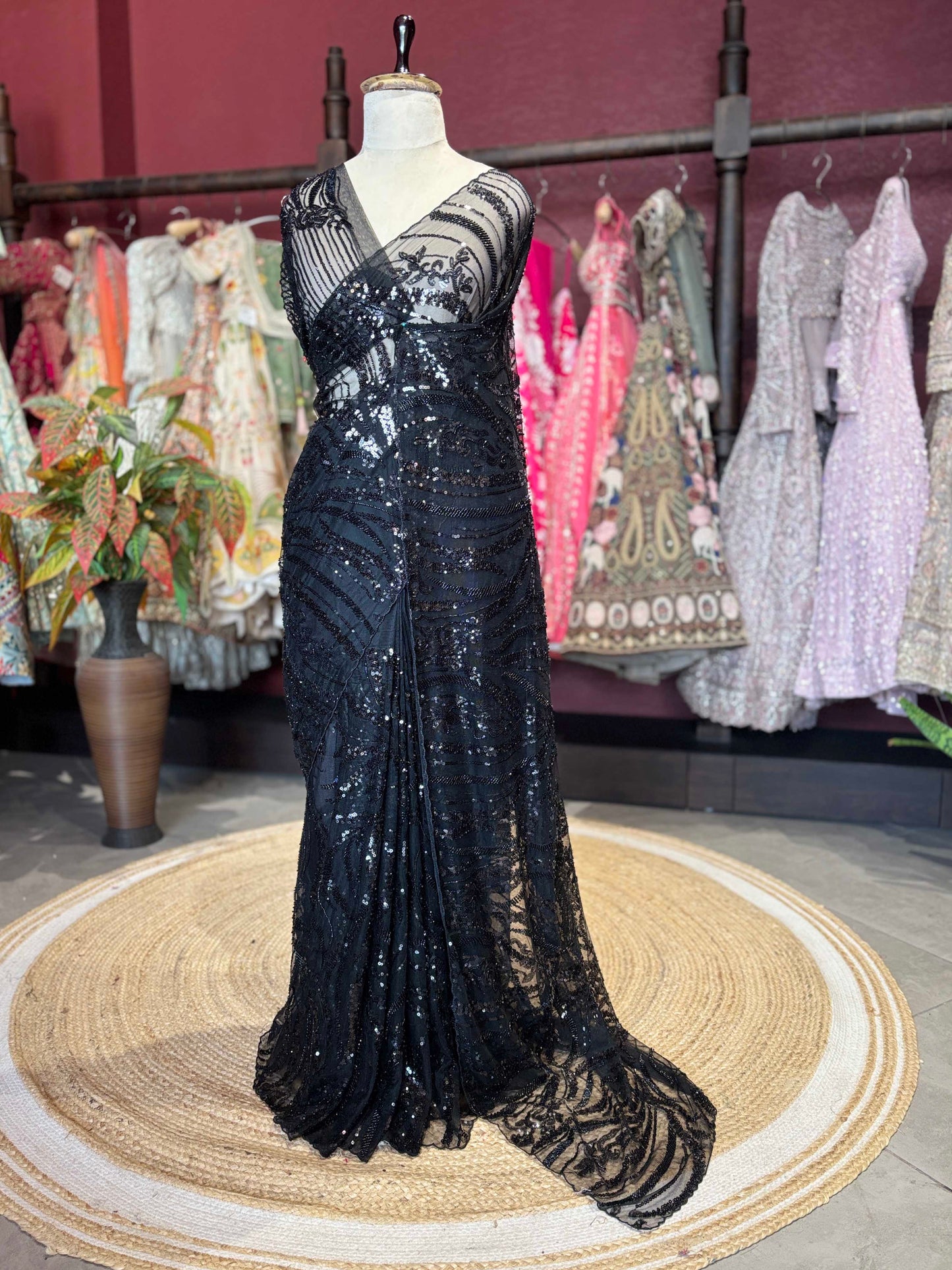 Midnight Black Sequin Embroidered Net Saree – Elegant Party Wear