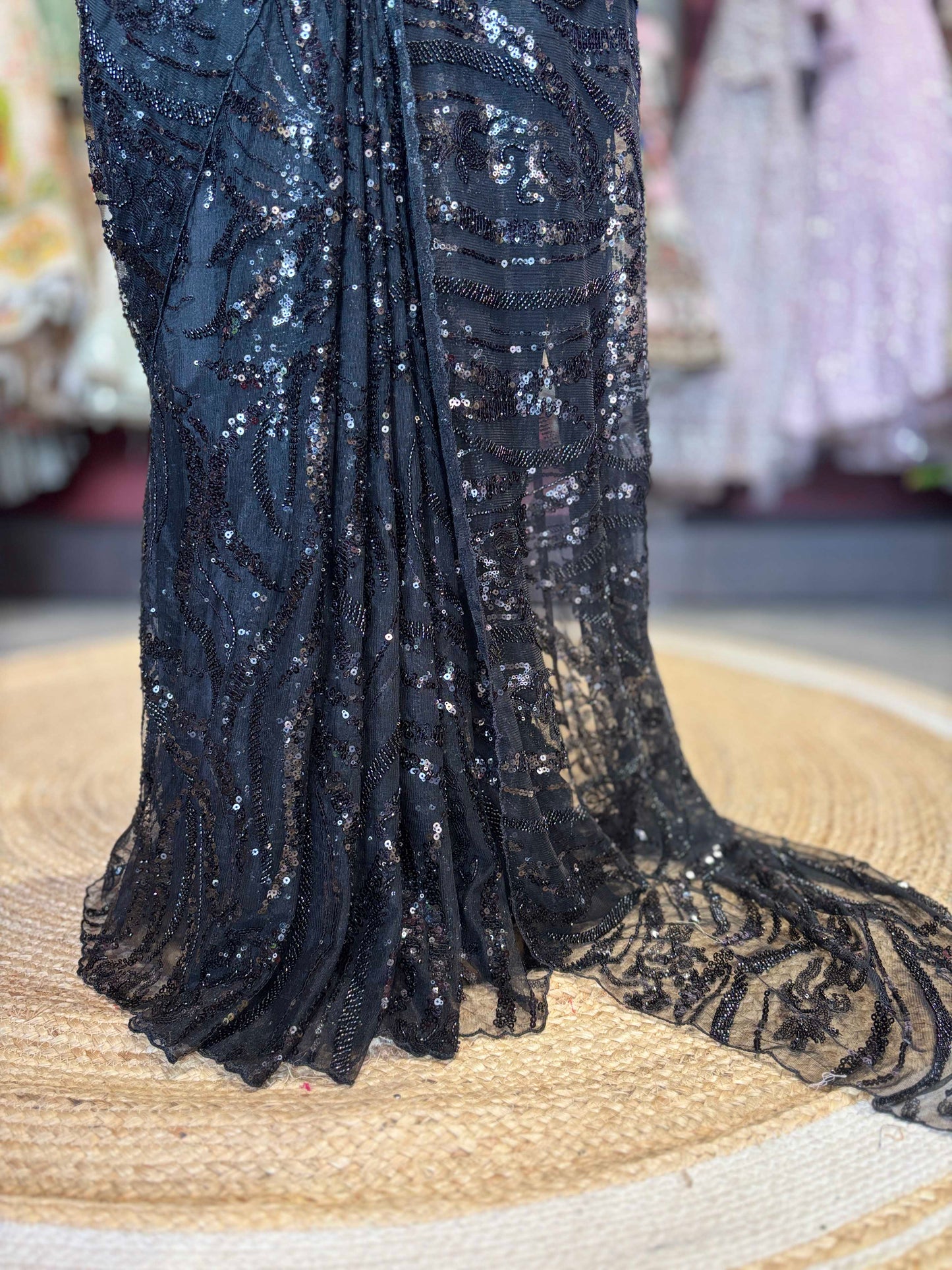 Midnight Black Sequin Embroidered Net Saree – Elegant Party Wear