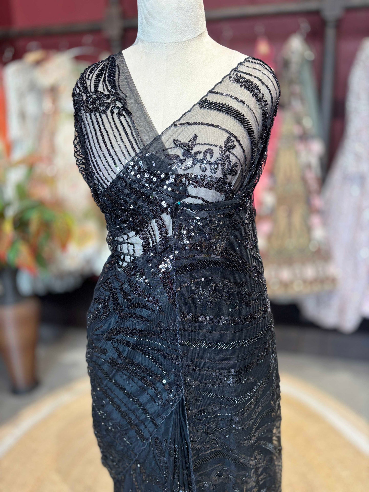 Midnight Black Sequin Embroidered Net Saree – Elegant Party Wear