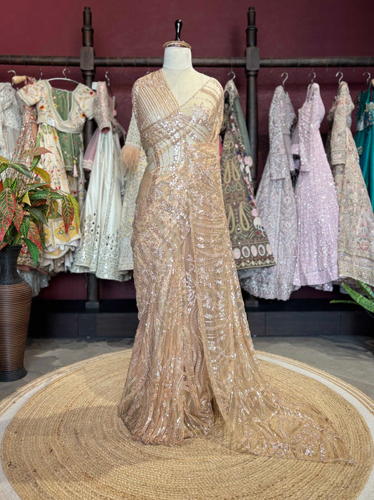 Champagne Gold Sequin Embroidered Net Saree – Luxury Party Wear