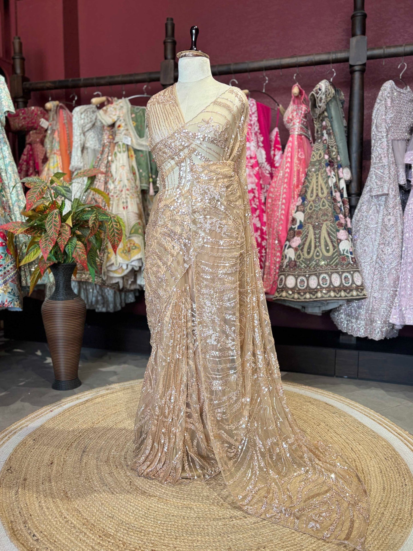 Champagne Gold Sequin Embroidered Net Saree – Luxury Party Wear