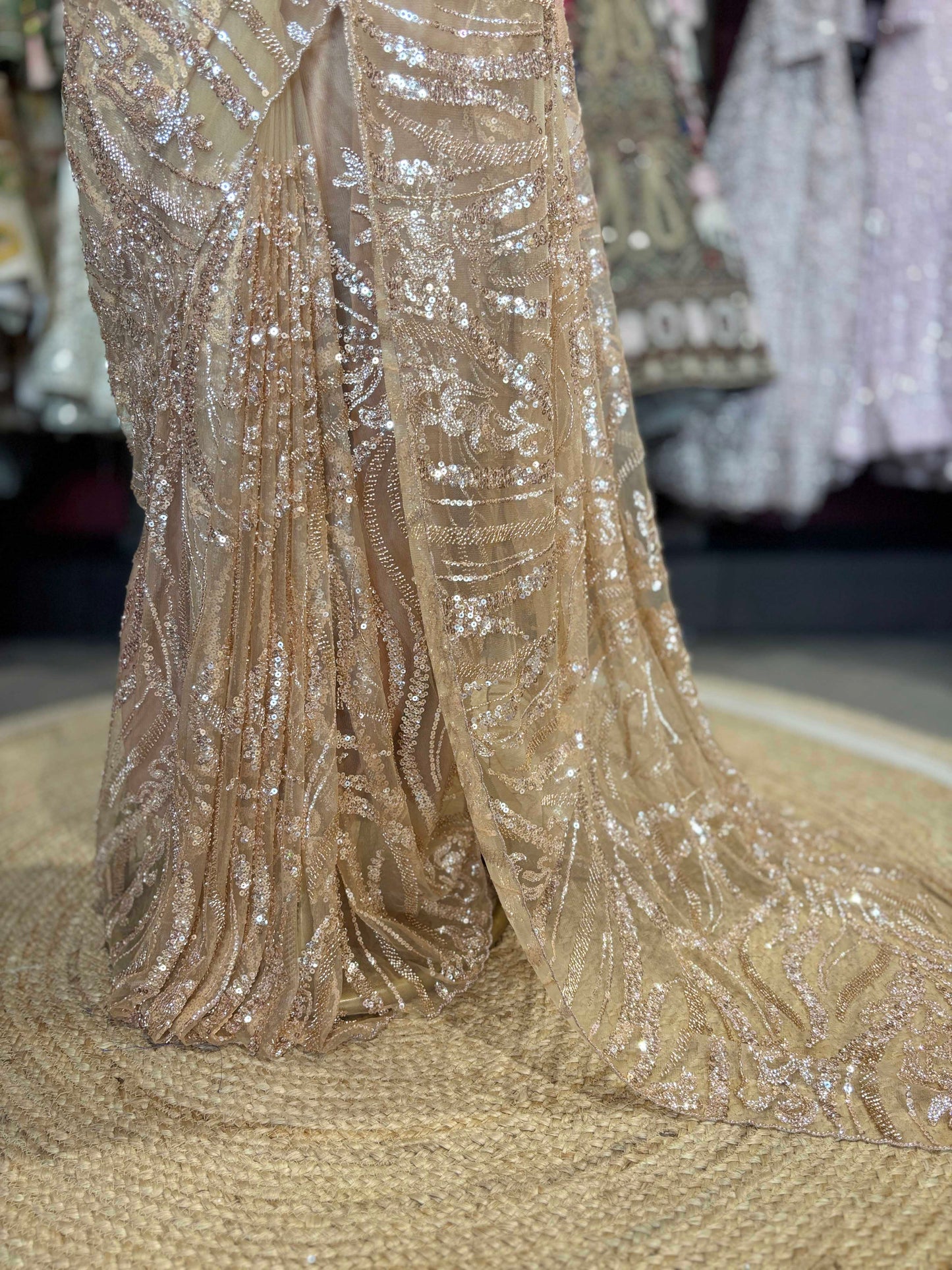 Champagne Gold Sequin Embroidered Net Saree – Luxury Party Wear