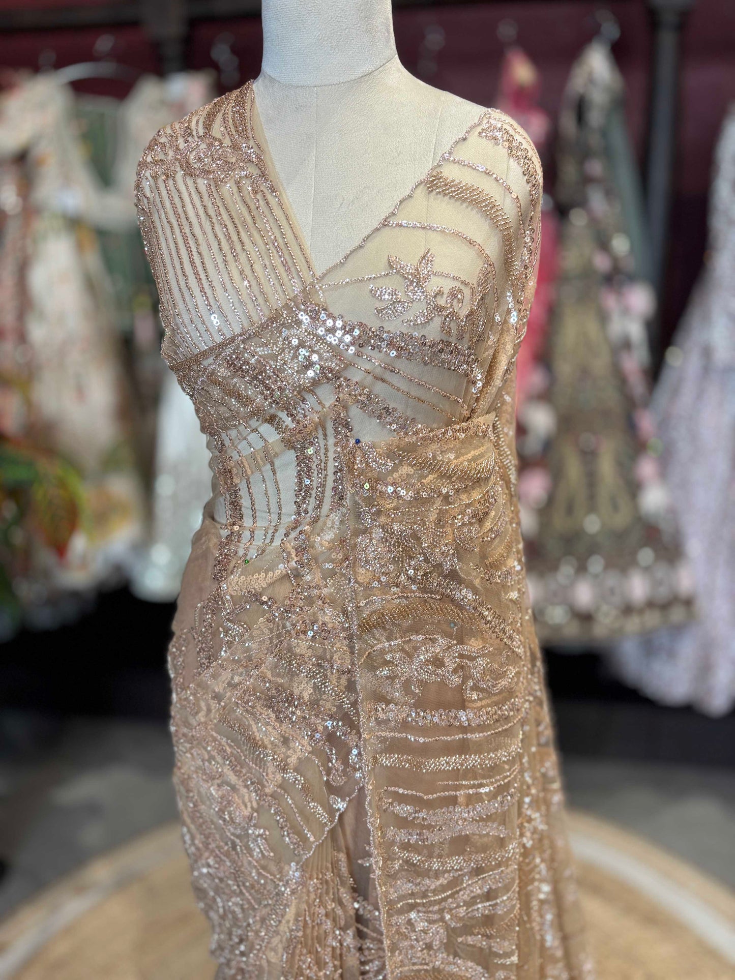 Champagne Gold Sequin Embroidered Net Saree – Luxury Party Wear