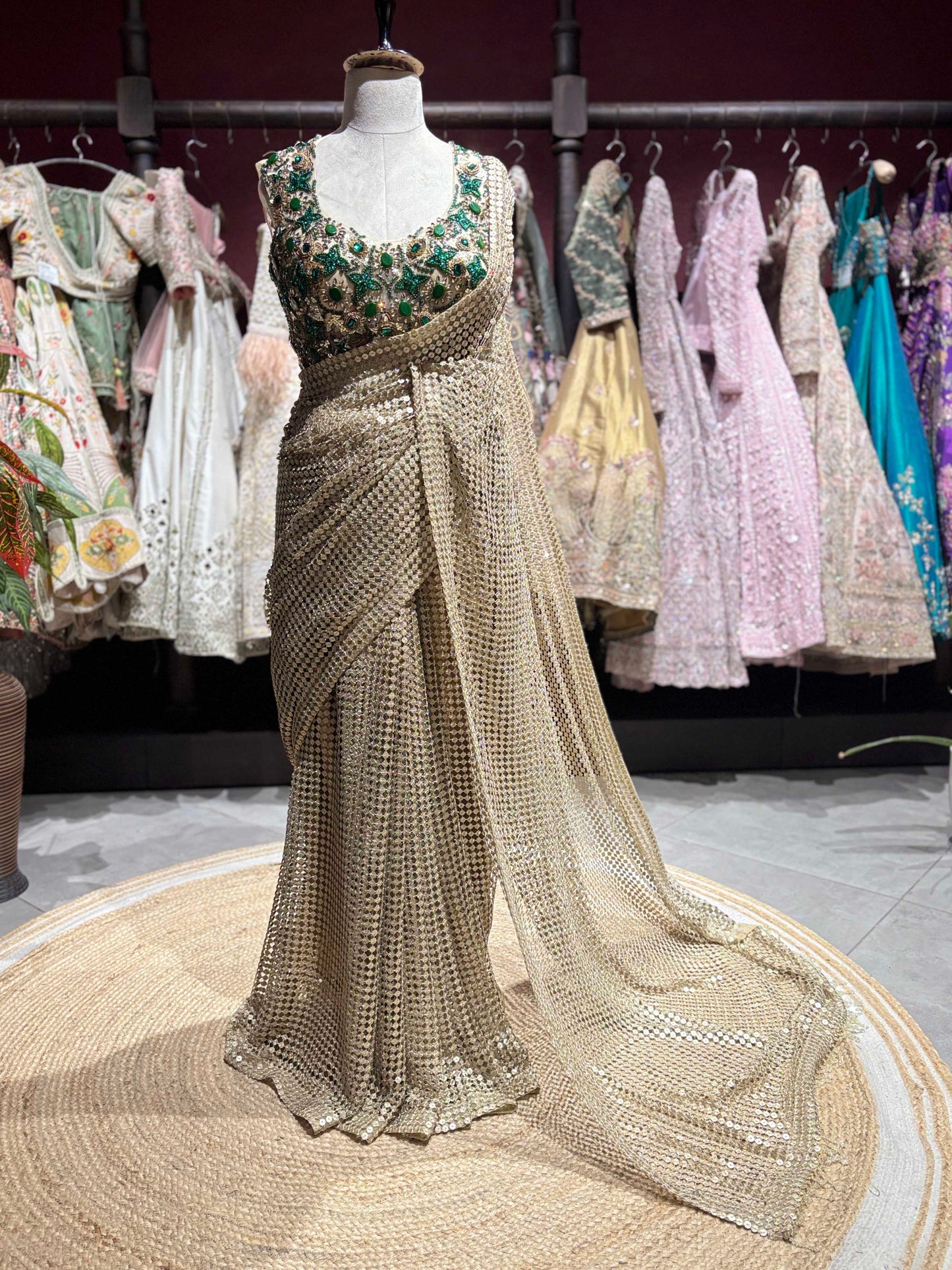 Champagne Gold Sequin Saree with Emerald Green Embellished Blouse