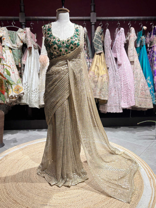 Champagne Gold Sequin Saree with Emerald Green Embellished Blouse