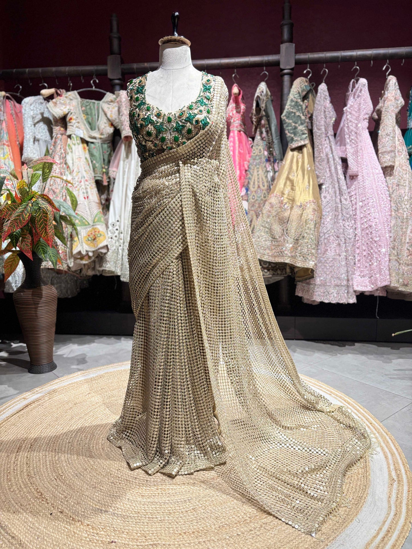 Champagne Gold Sequin Saree with Emerald Green Embellished Blouse