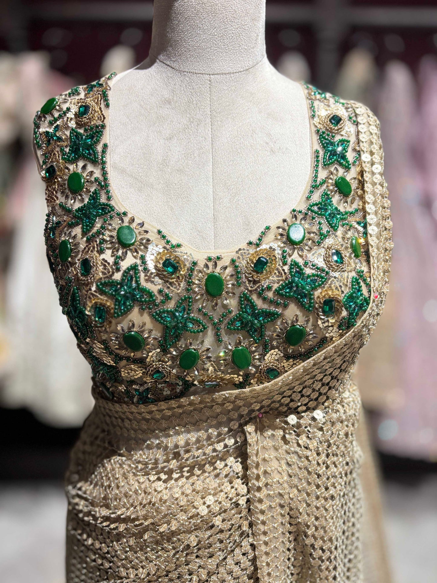 Champagne Gold Sequin Saree with Emerald Green Embellished Blouse