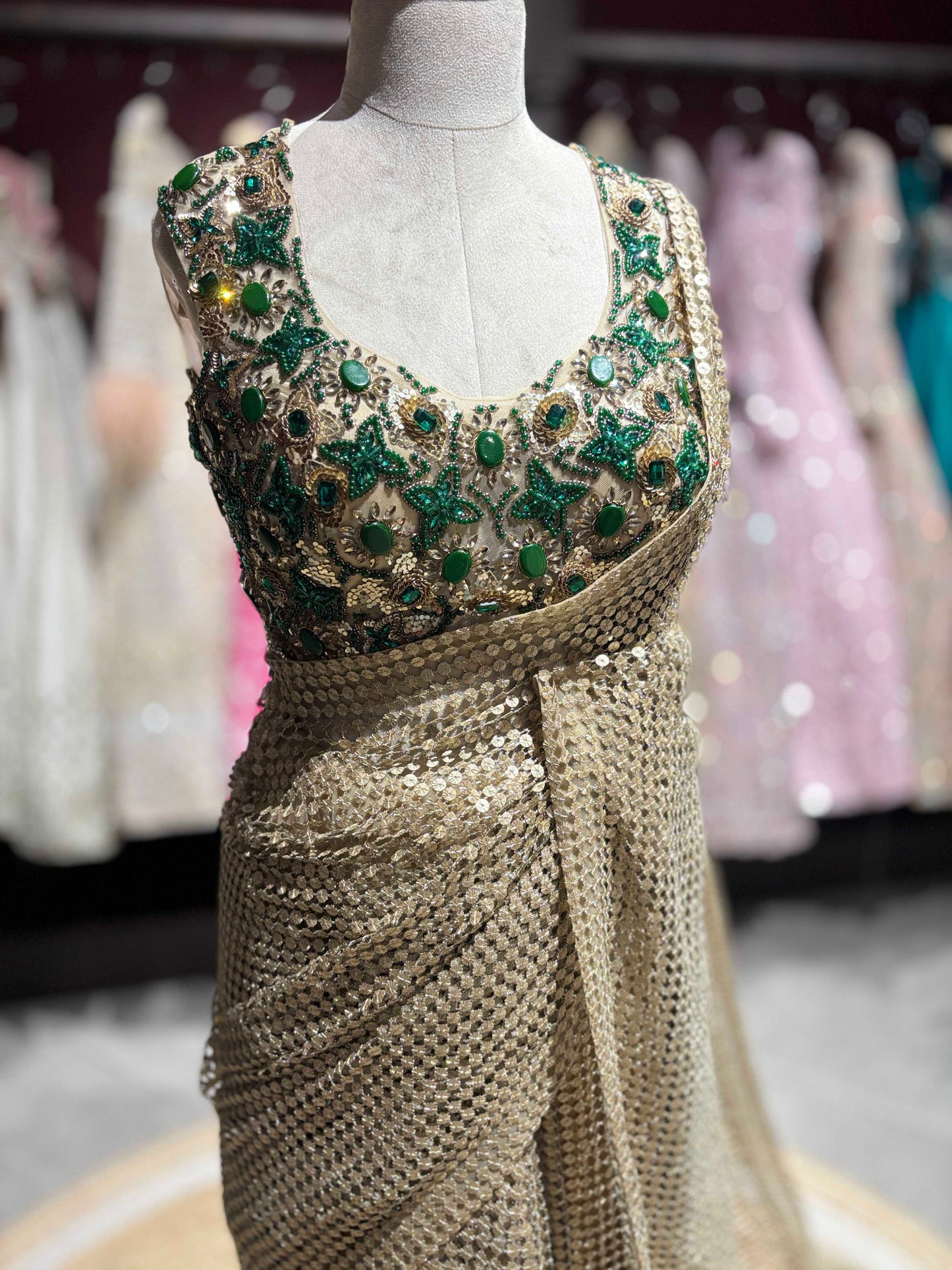 Champagne Gold Sequin Saree with Emerald Green Embellished Blouse