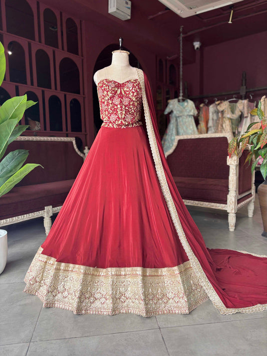 Crimson Embroidered Lehenga with Corset Blouse & Matching Dupatta