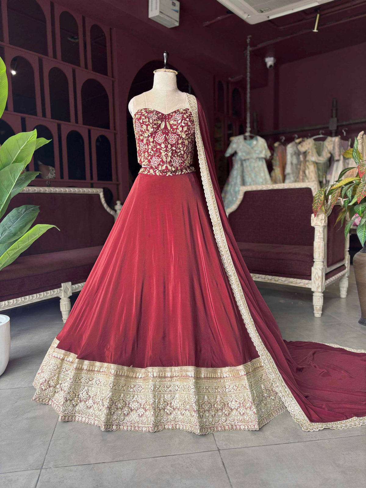 Crimson Embroidered Lehenga with Corset Blouse & Matching Dupatta