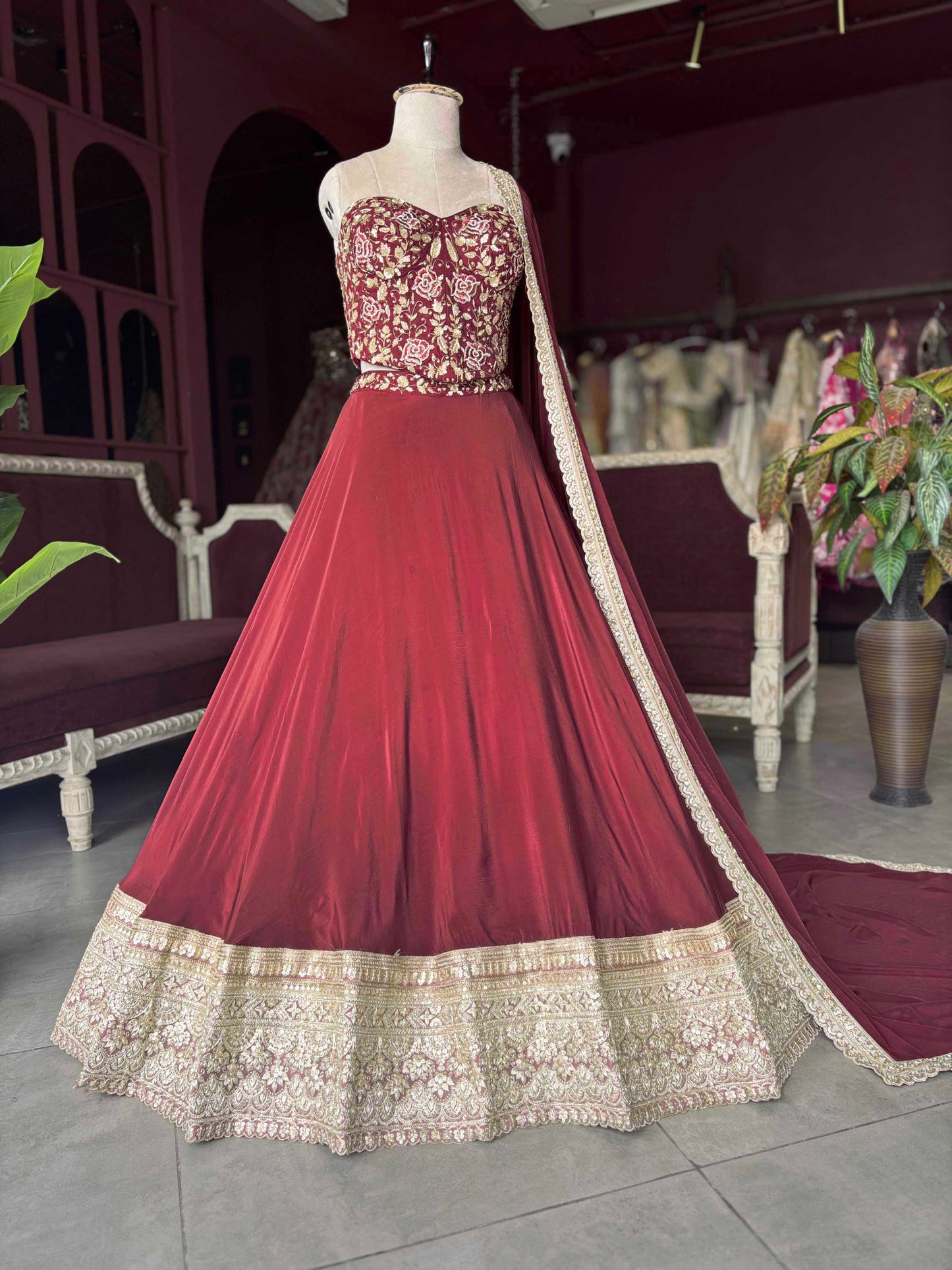 Crimson Embroidered Lehenga with Corset Blouse & Matching Dupatta
