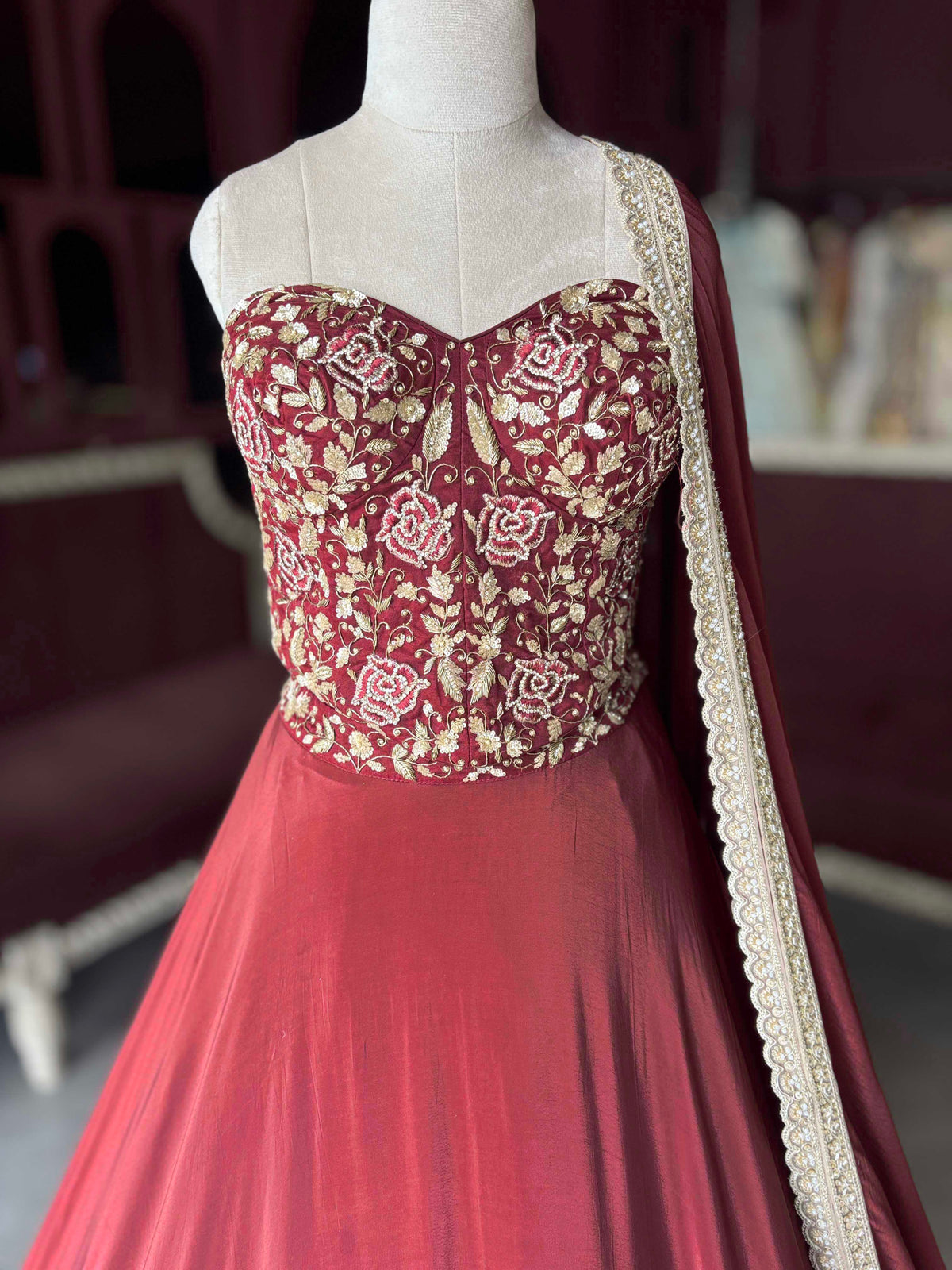 Crimson Embroidered Lehenga with Corset Blouse & Matching Dupatta