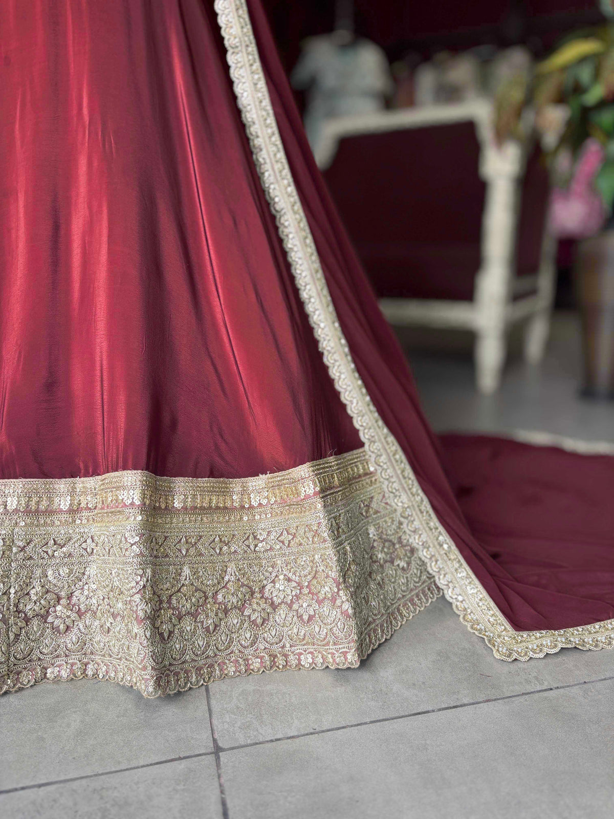 Crimson Embroidered Lehenga with Corset Blouse & Matching Dupatta