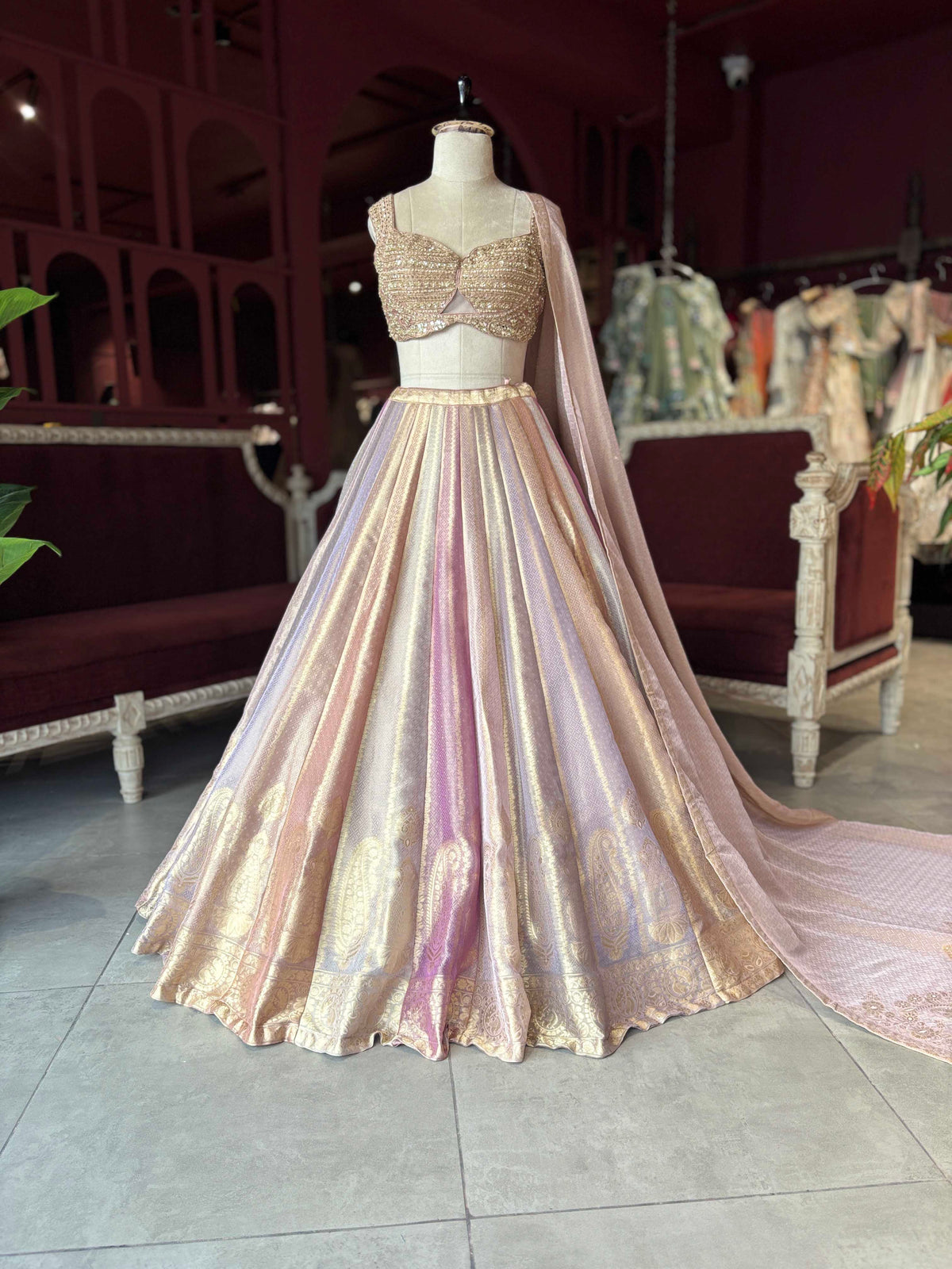 Multicolour Gold Banarasi Lehenga with Embellished Blouse & Dupatta