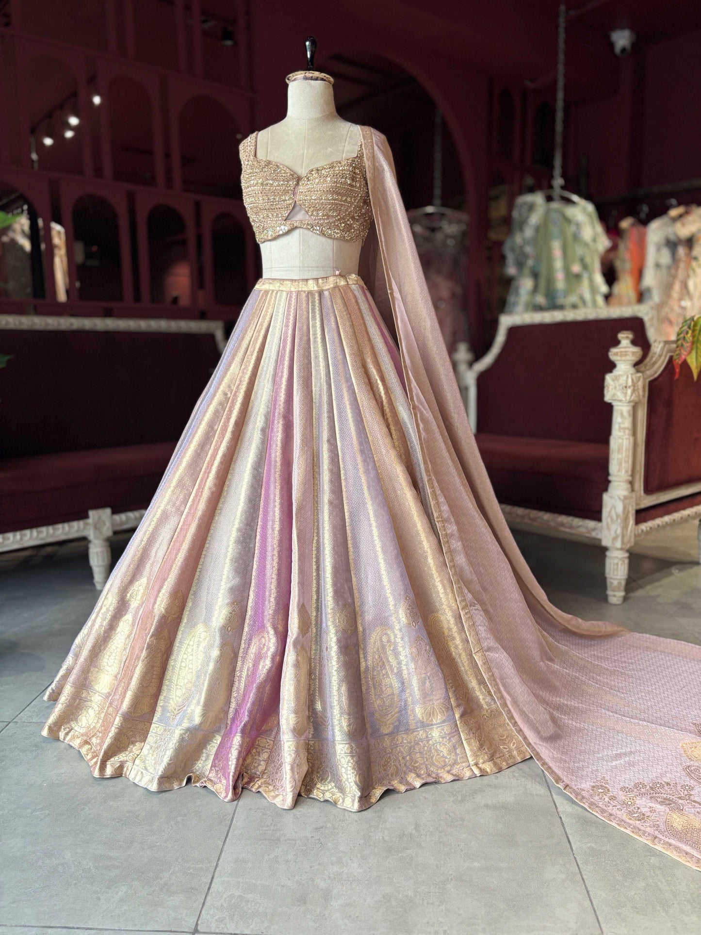 Multicolour Gold Banarasi Lehenga with Embellished Blouse & Dupatta