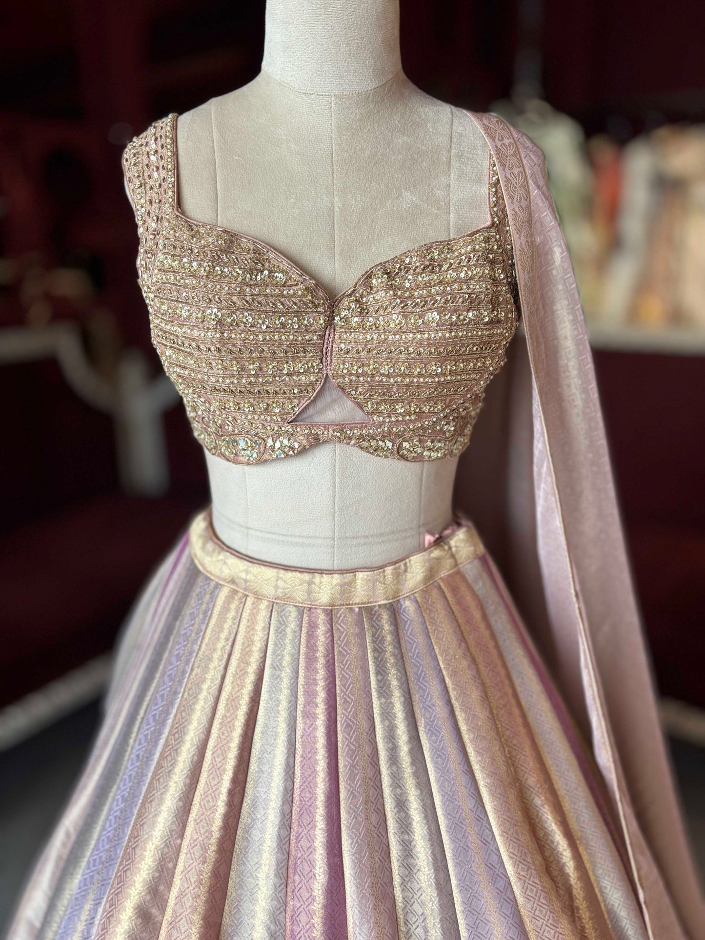 Multicolour Gold Banarasi Lehenga with Embellished Blouse & Dupatta