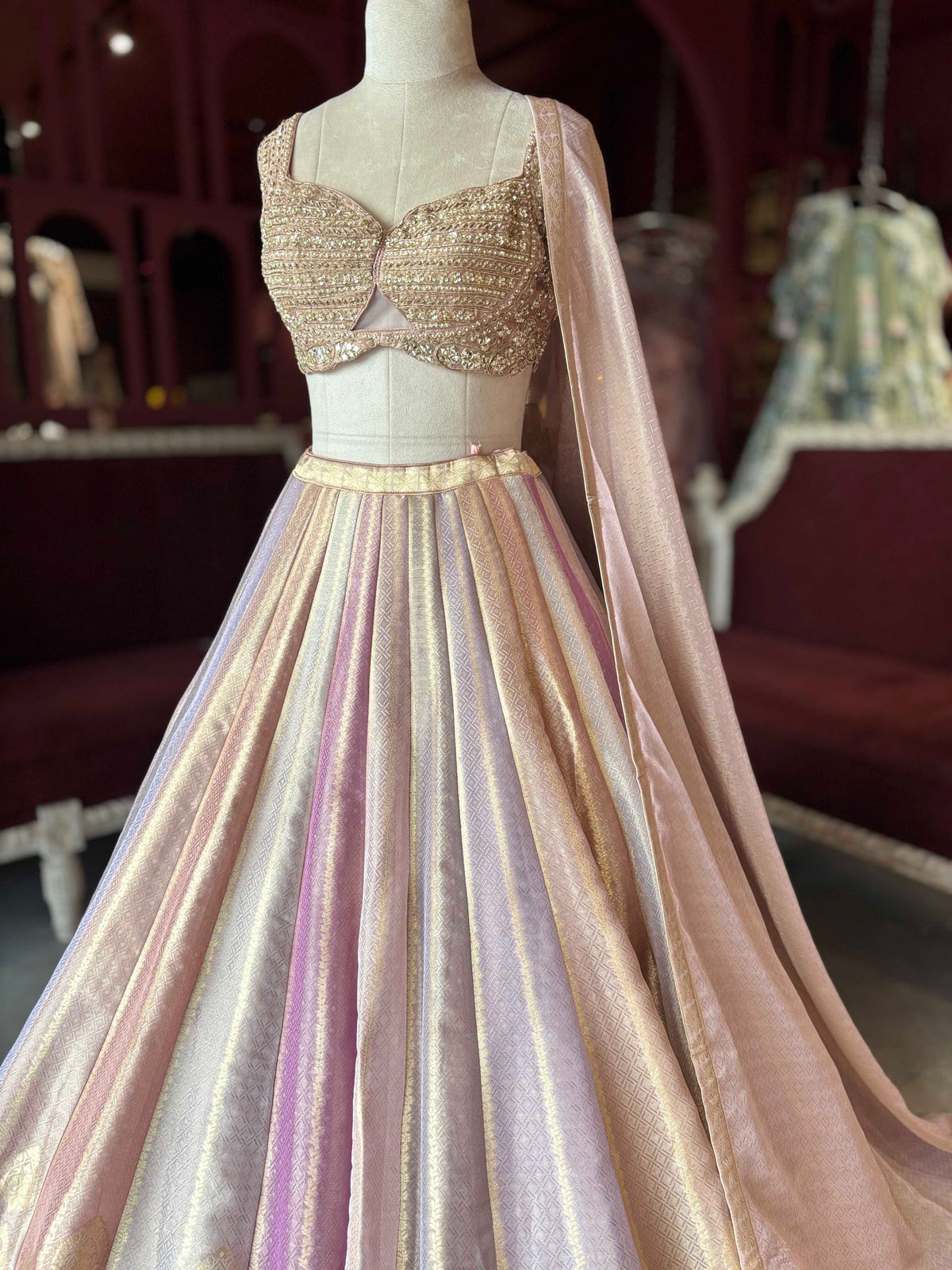 Multicolour Gold Banarasi Lehenga with Embellished Blouse & Dupatta