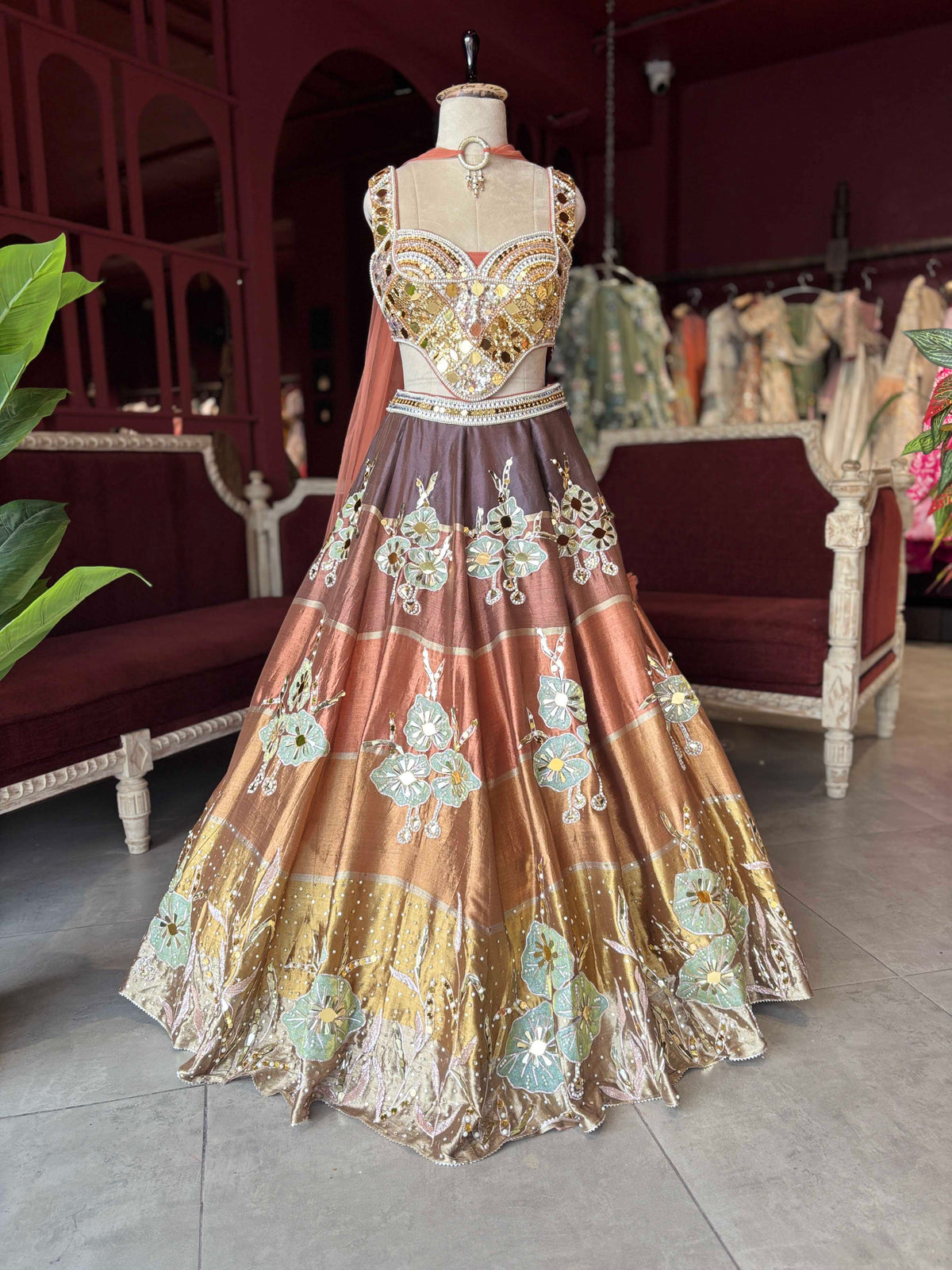 Copper Bronze Mirror Work Lehenga with Designer Blouse & Dupatta