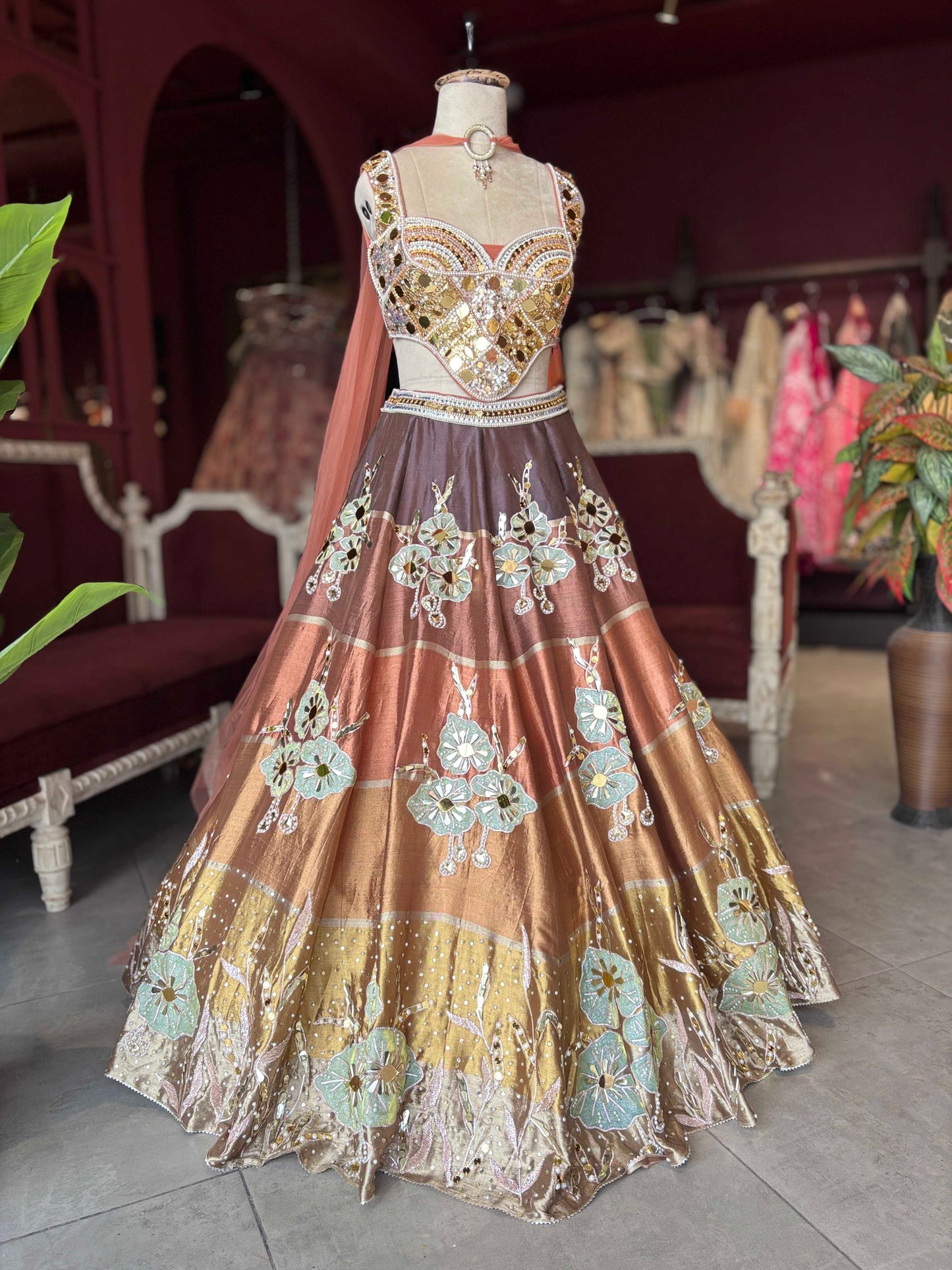 Copper Bronze Mirror Work Lehenga with Designer Blouse & Dupatta