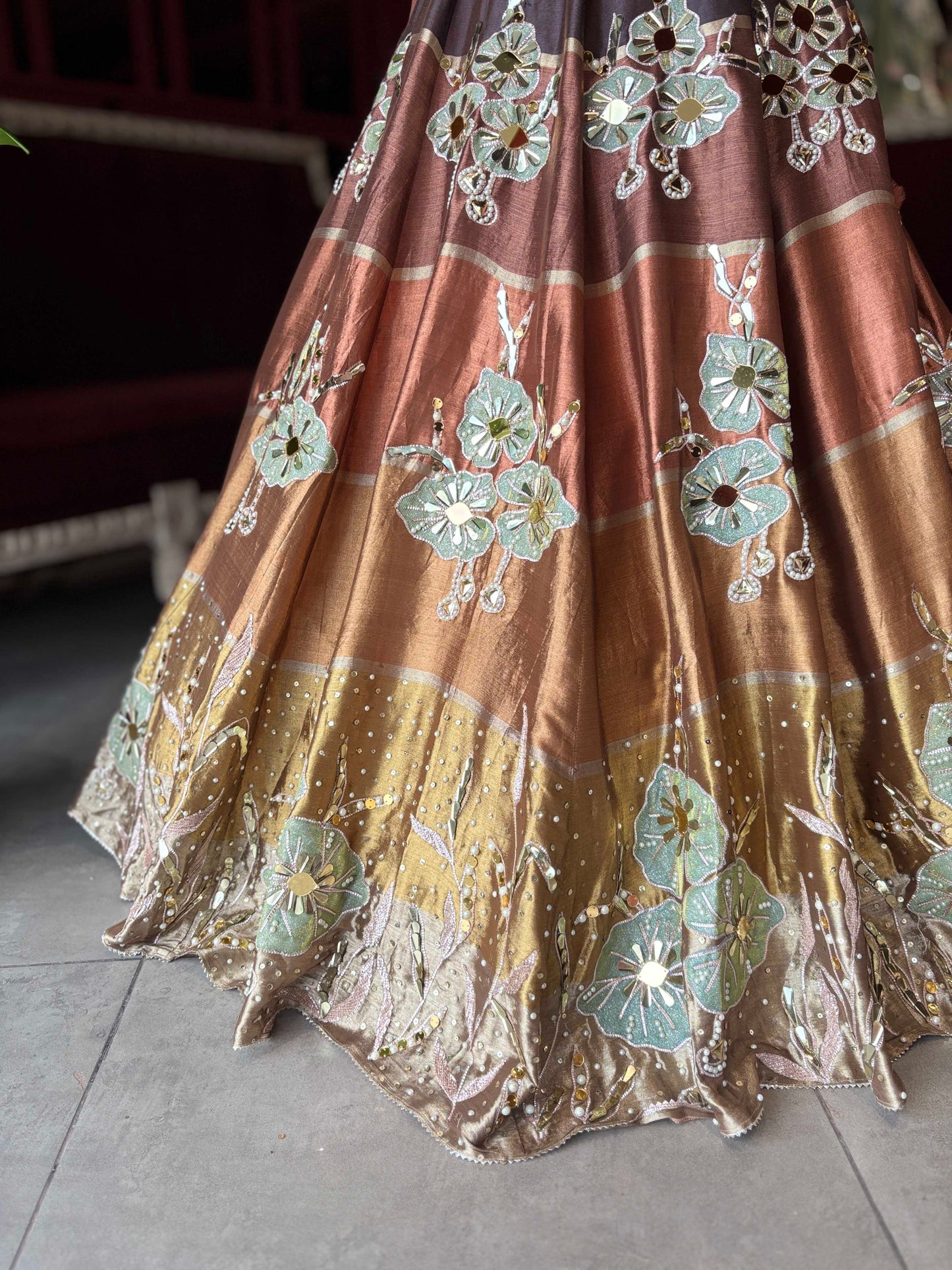 Copper Bronze Mirror Work Lehenga with Designer Blouse & Dupatta
