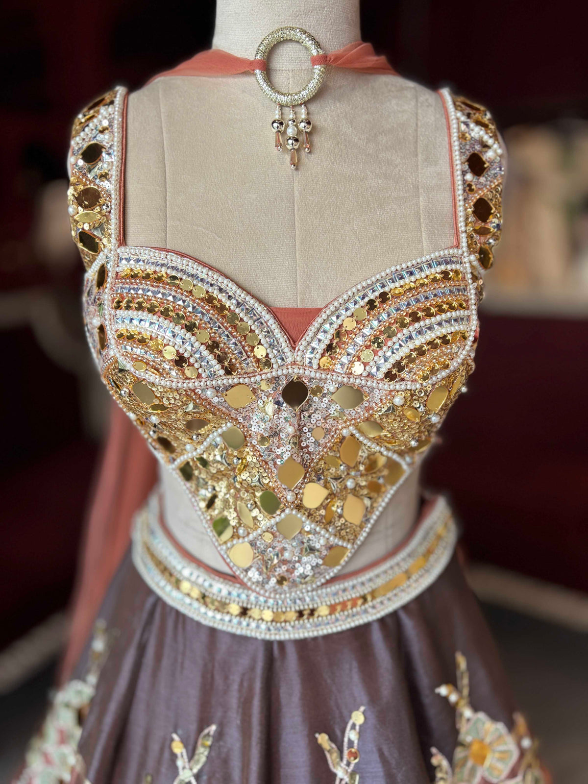 Copper Bronze Mirror Work Lehenga with Designer Blouse & Dupatta
