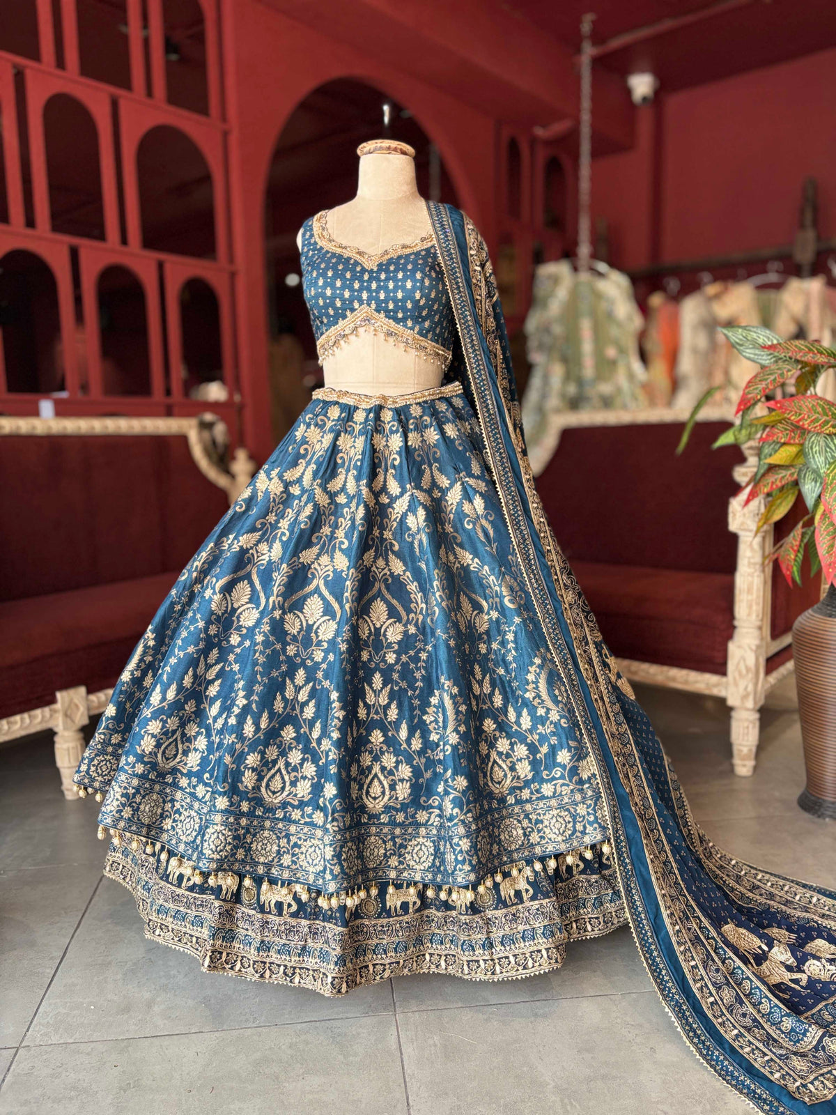 Deep Teal Blue Gold Embroidered Lehenga with Matching Dupatta