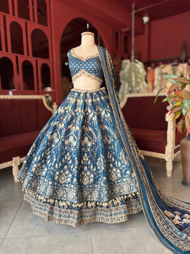 Deep Teal Blue Gold Embroidered Lehenga with Matching Dupatta
