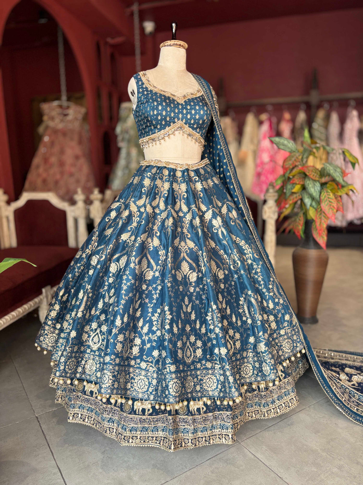 Deep Teal Blue Gold Embroidered Lehenga with Matching Dupatta