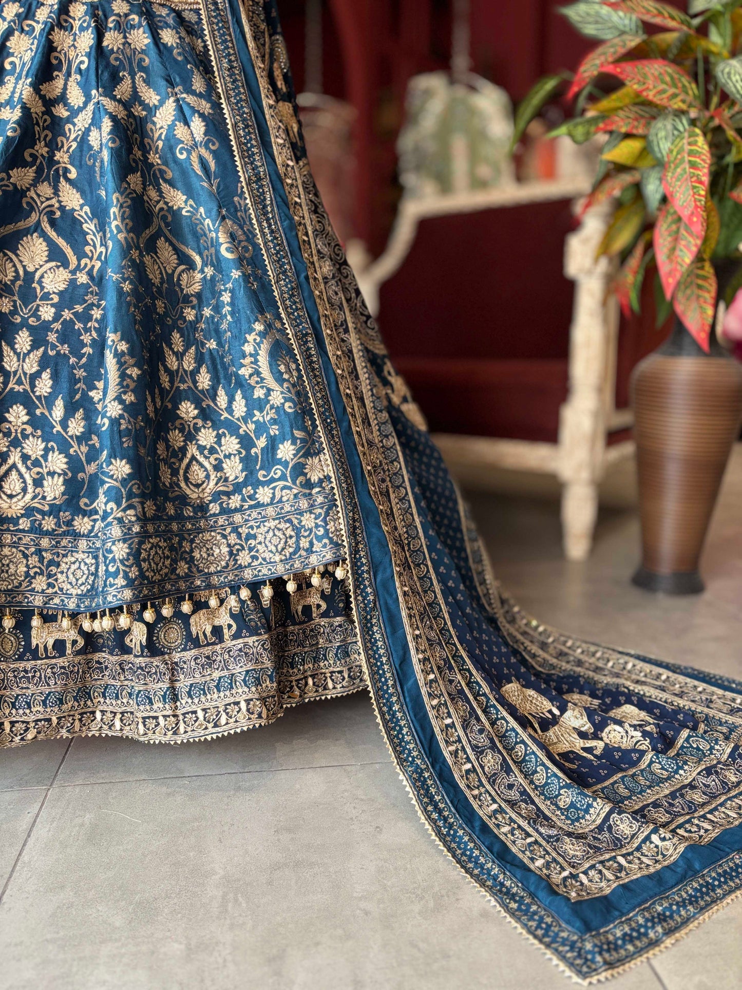 Deep Teal Blue Gold Embroidered Lehenga with Matching Dupatta